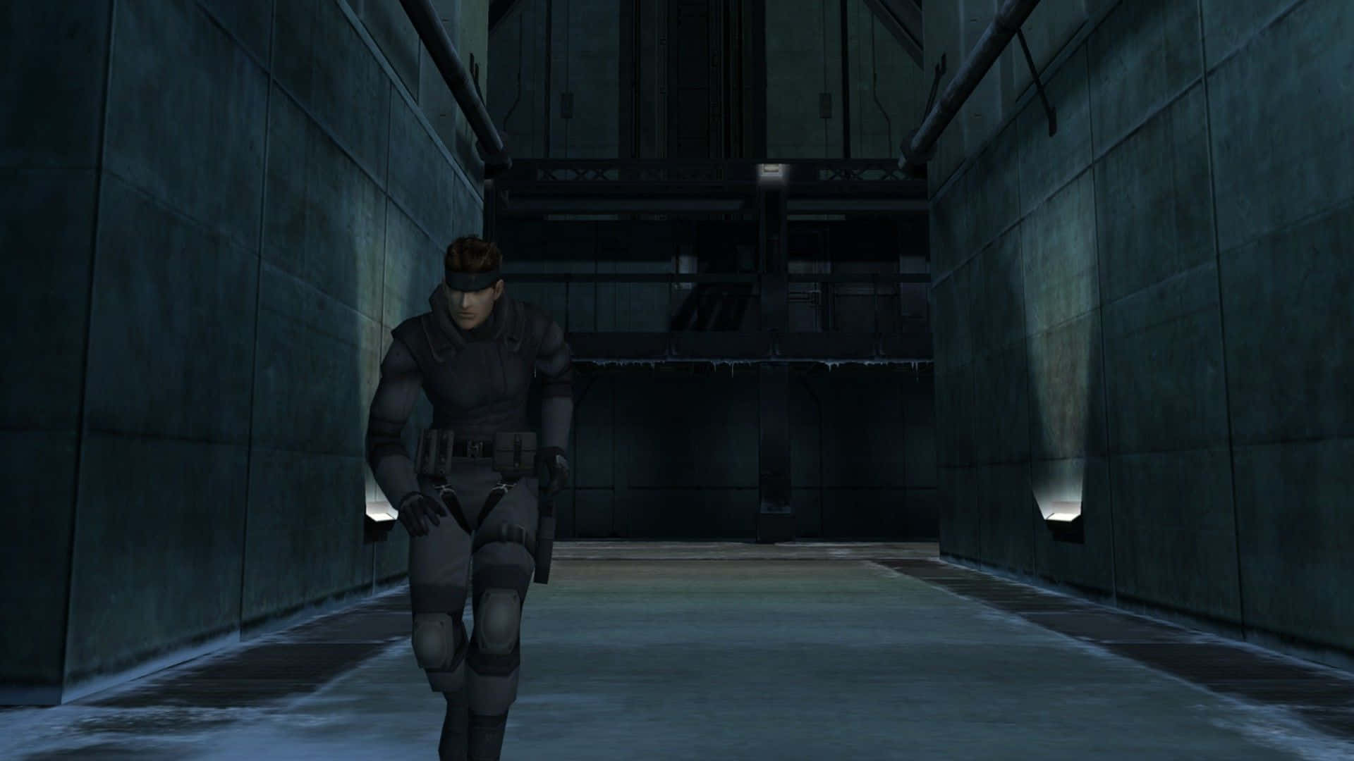 Solid Snake, tactical gear, dimly lit industrial corridor, Full HD Desktop Wallpaper