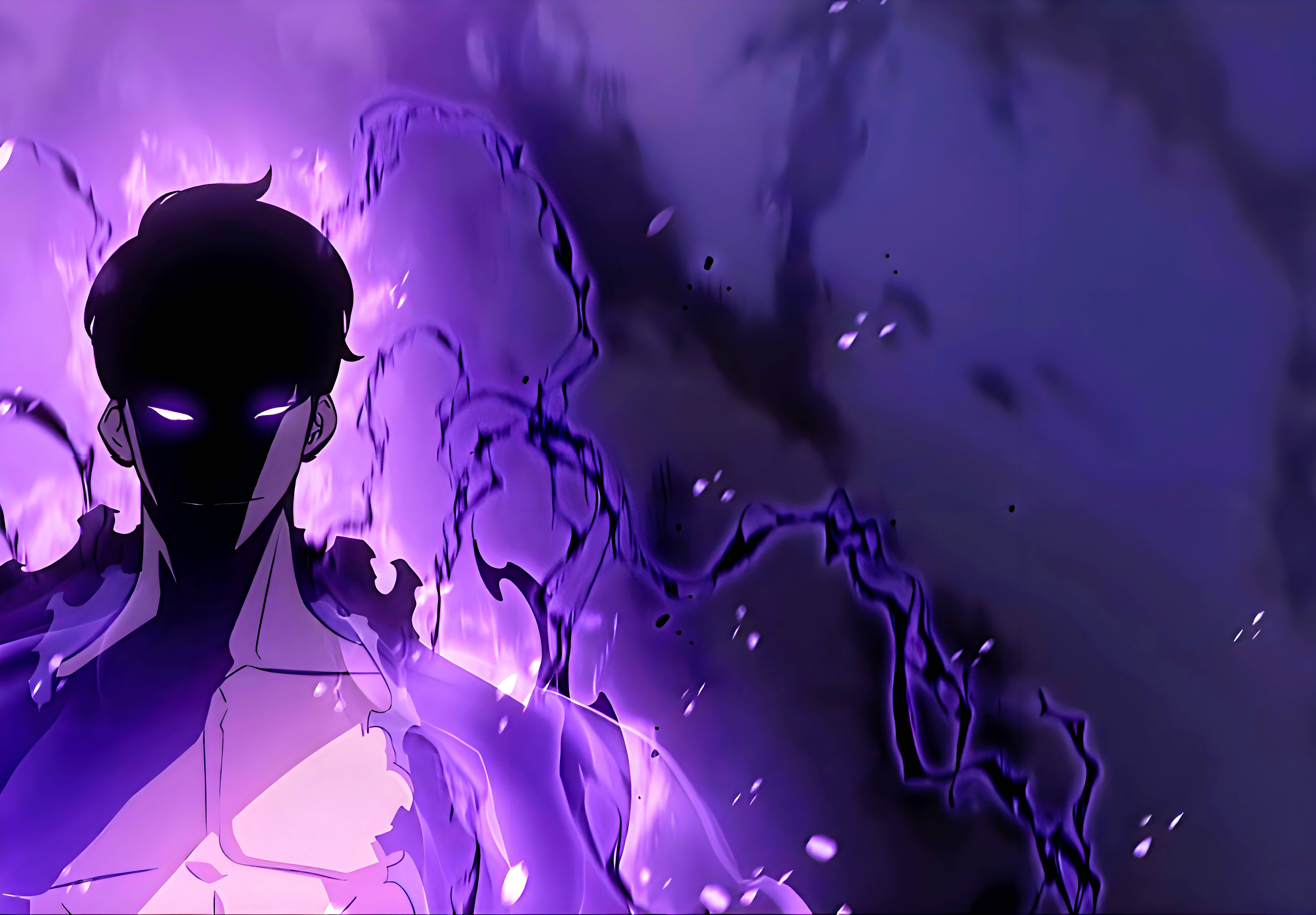Solo Leveling, purple flames, glowing purple eyes, 8K Desktop Wallpaper