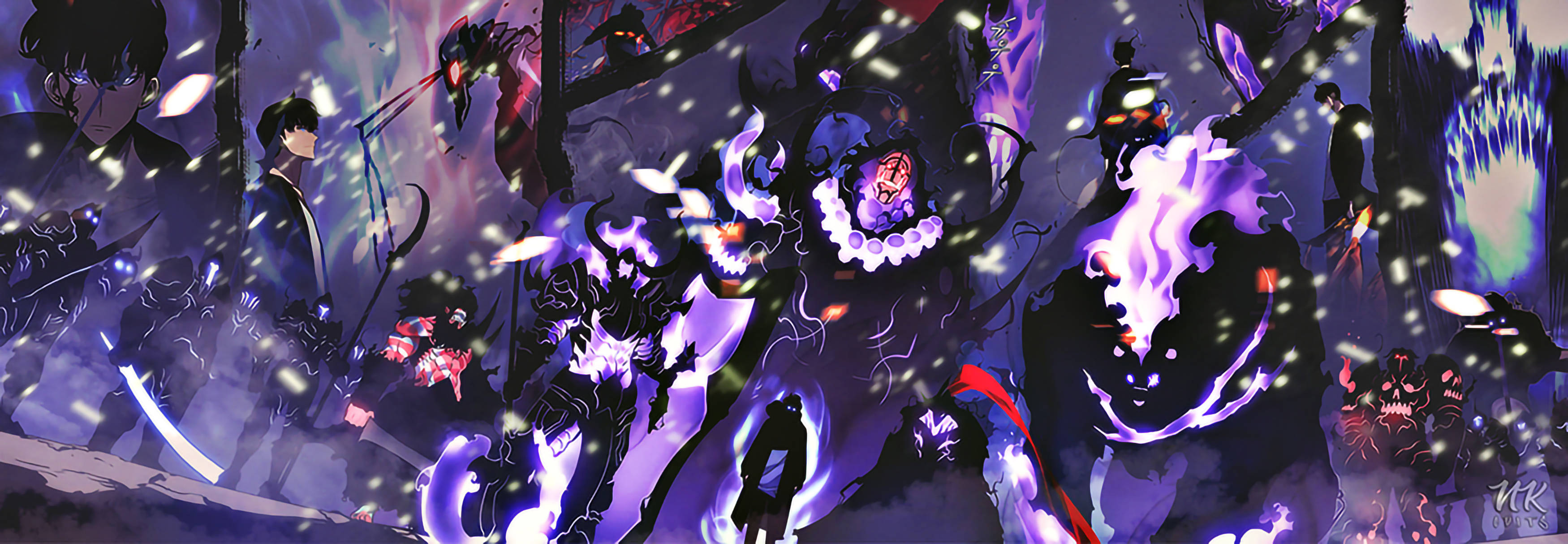 Solo Leveling, glowing purple creatures, masked figures, 2K Desktop Wallpaper