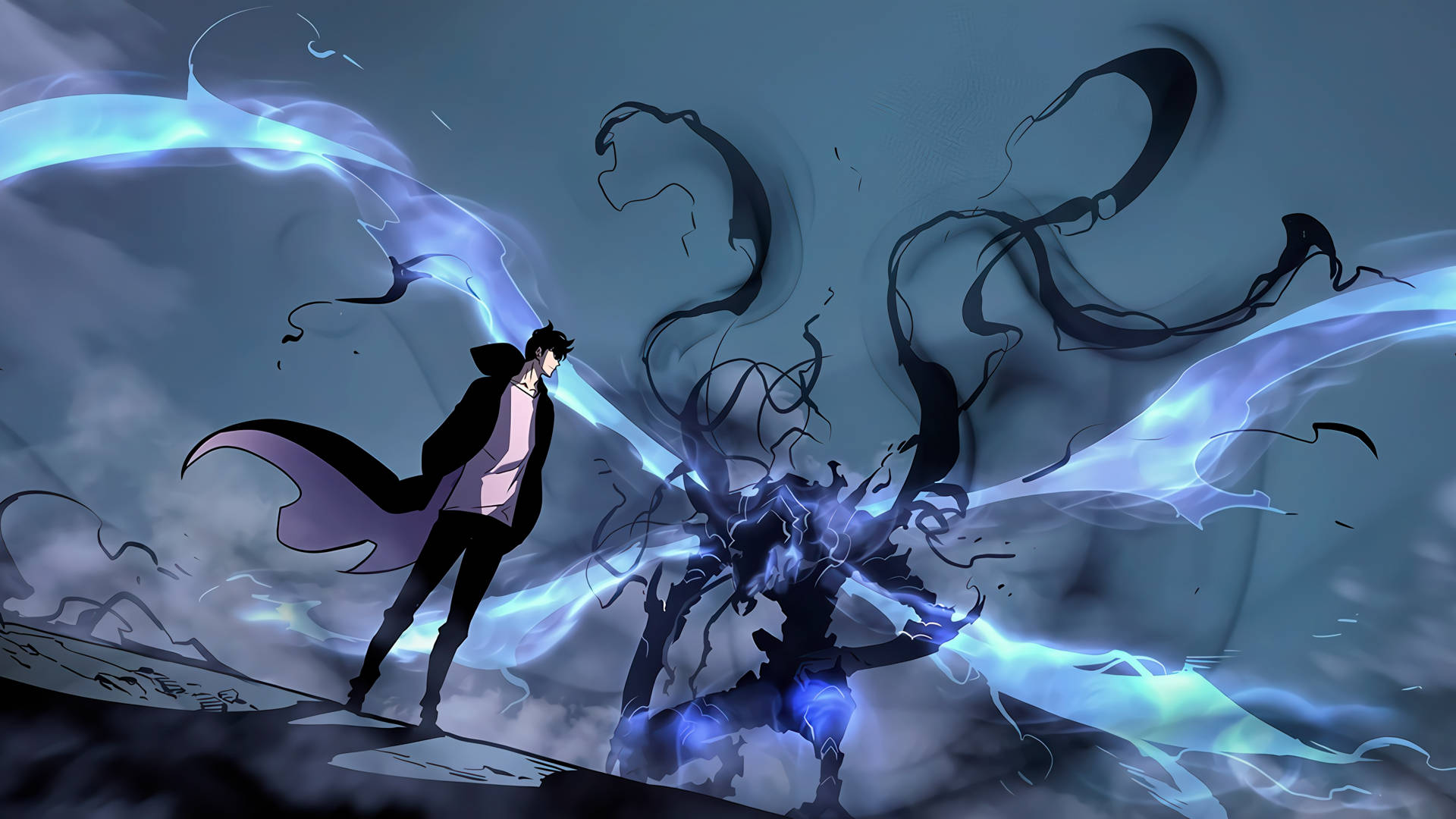 Solo Leveling, anime warrior, blue energy, Full HD Desktop Wallpaper