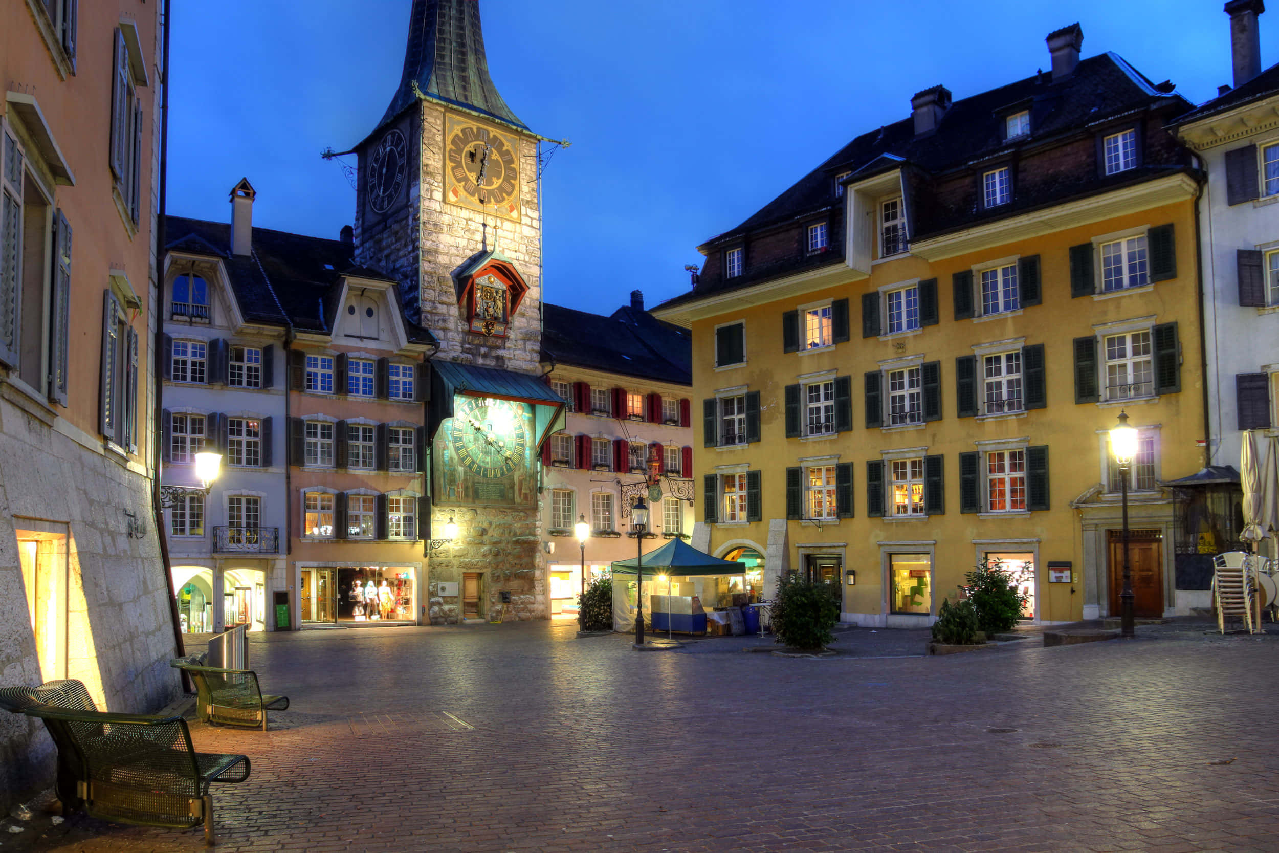 Solothurn, Switzerland, town square, historic clock tower, Full HD Desktop Wallpaper