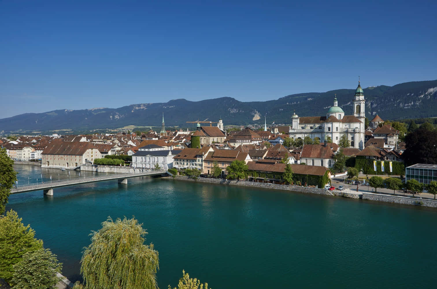 Solothurn Switzerland, red-roofed buildings, grand white church, HD Desktop Wallpaper