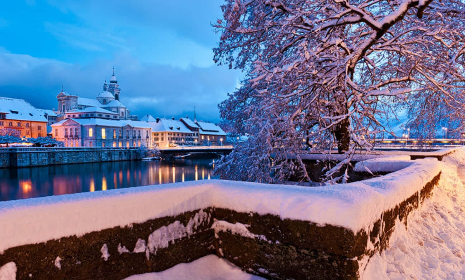 Solothurn Switzerland, snow, historic riverside town, HD Desktop Wallpaper