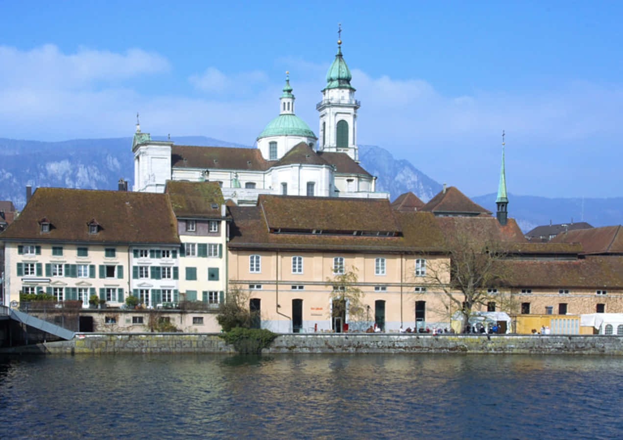 Solothurn Switzerland, white church, green domes, SD Desktop Wallpaper