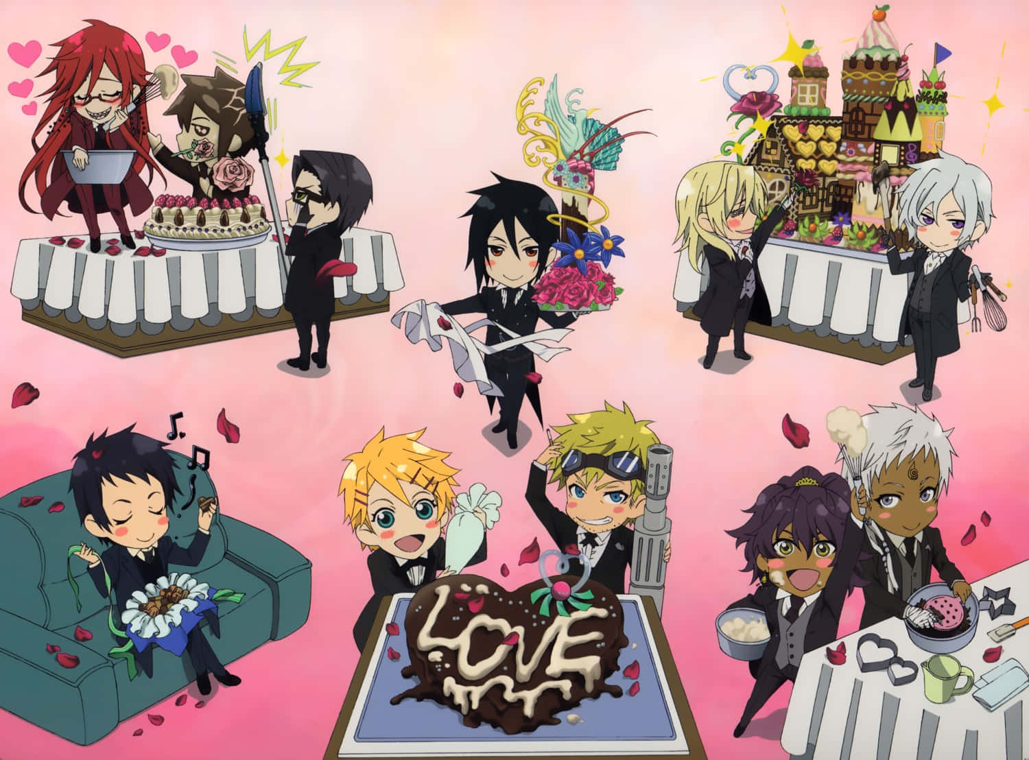 Soma Asman Kadar, chibi anime characters, black suits, HD Desktop Wallpaper