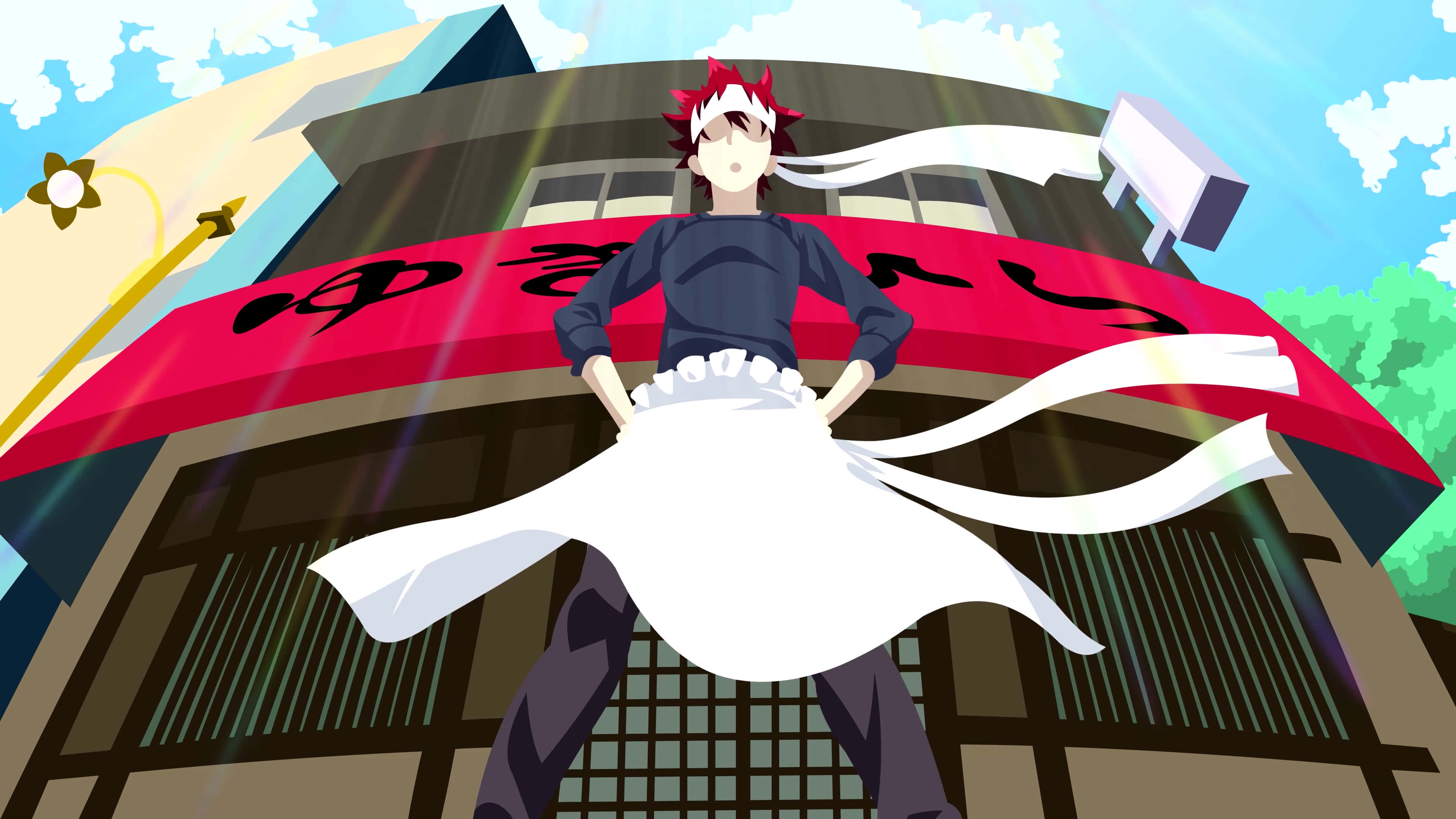 Soma Yukihira, red-haired anime character, white apron, 4K Desktop Wallpaper