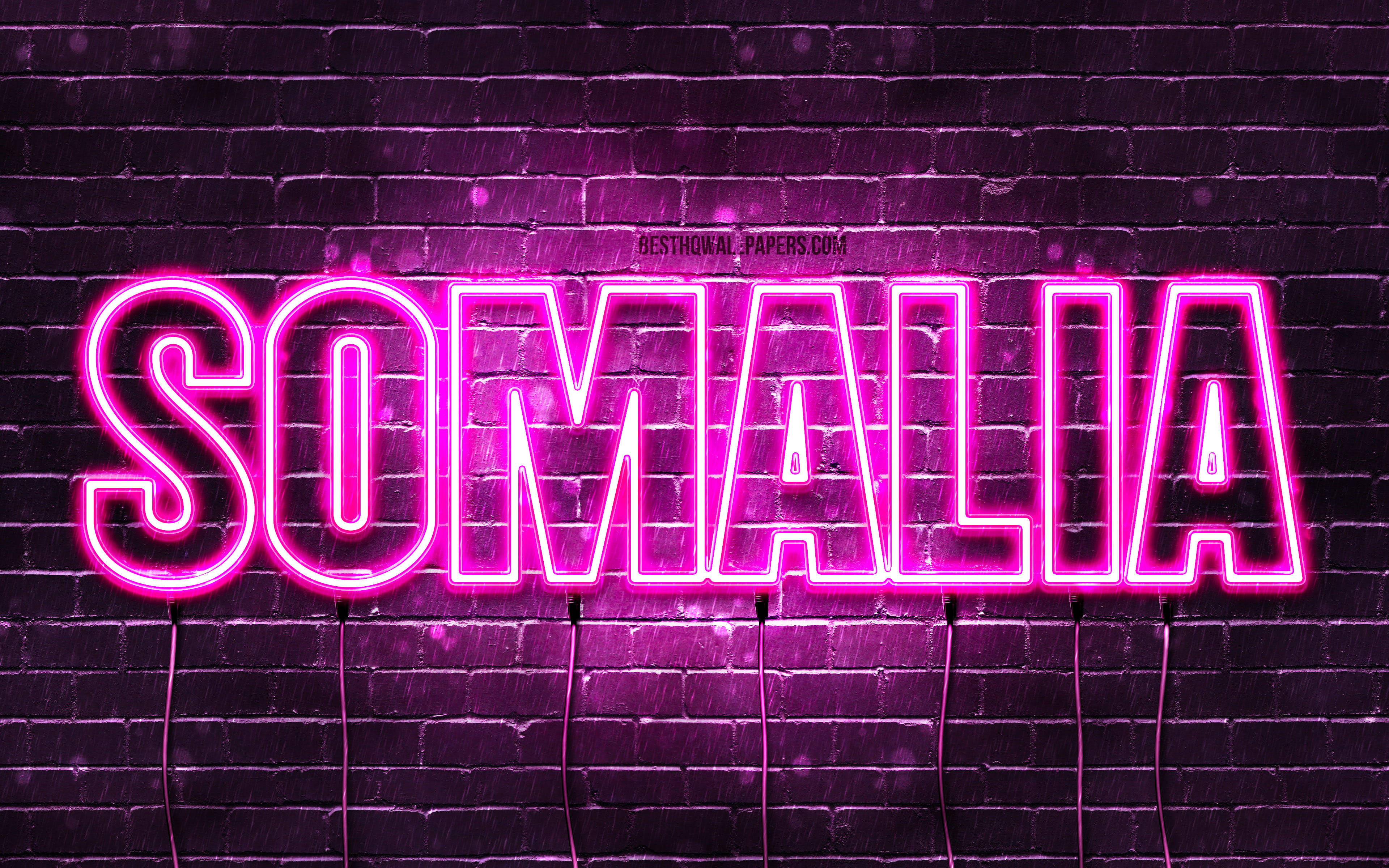 Somalia, pink neon, dark wet brick wall, 4K Desktop Wallpaper
