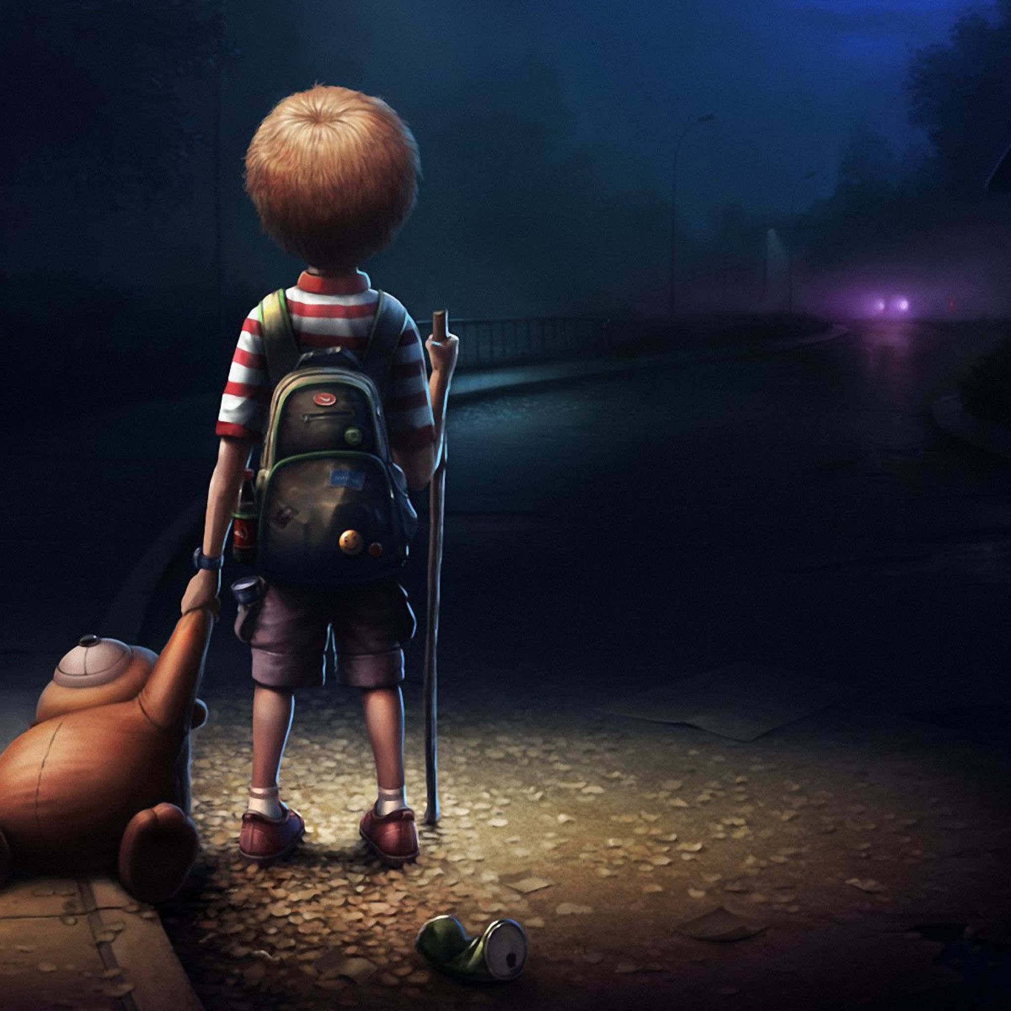 boy, misty night road, backpack, Full HD Desktop Wallpaper