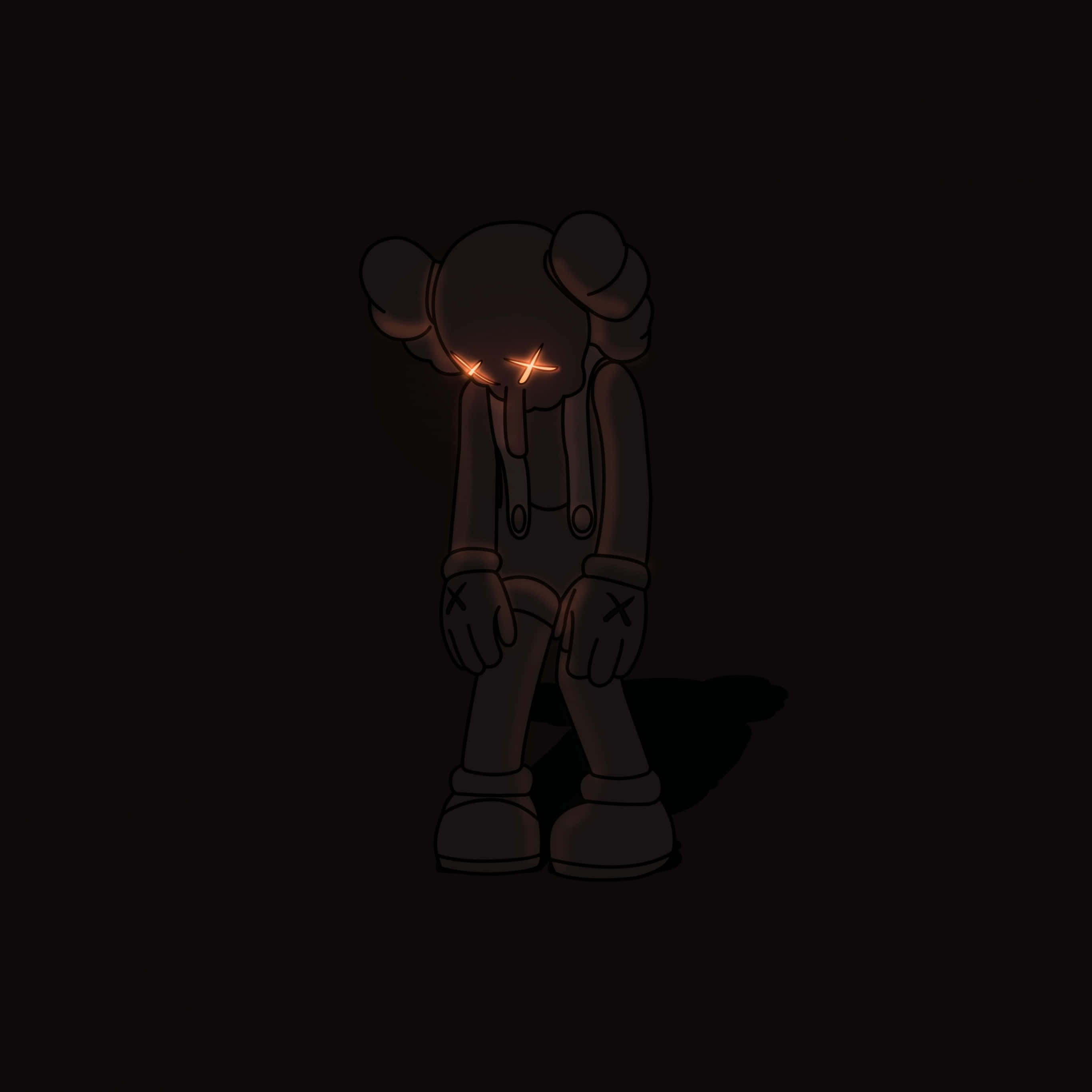 Somber Teddy Bear, glowing orange X eyes, pitch blackness, 2K Desktop Wallpaper