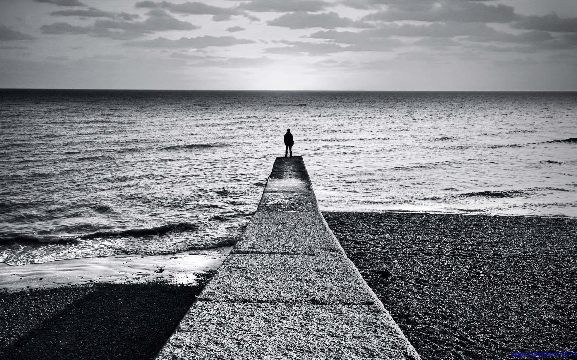 Somber, empty beach, concrete pier, Full HD Desktop Wallpaper