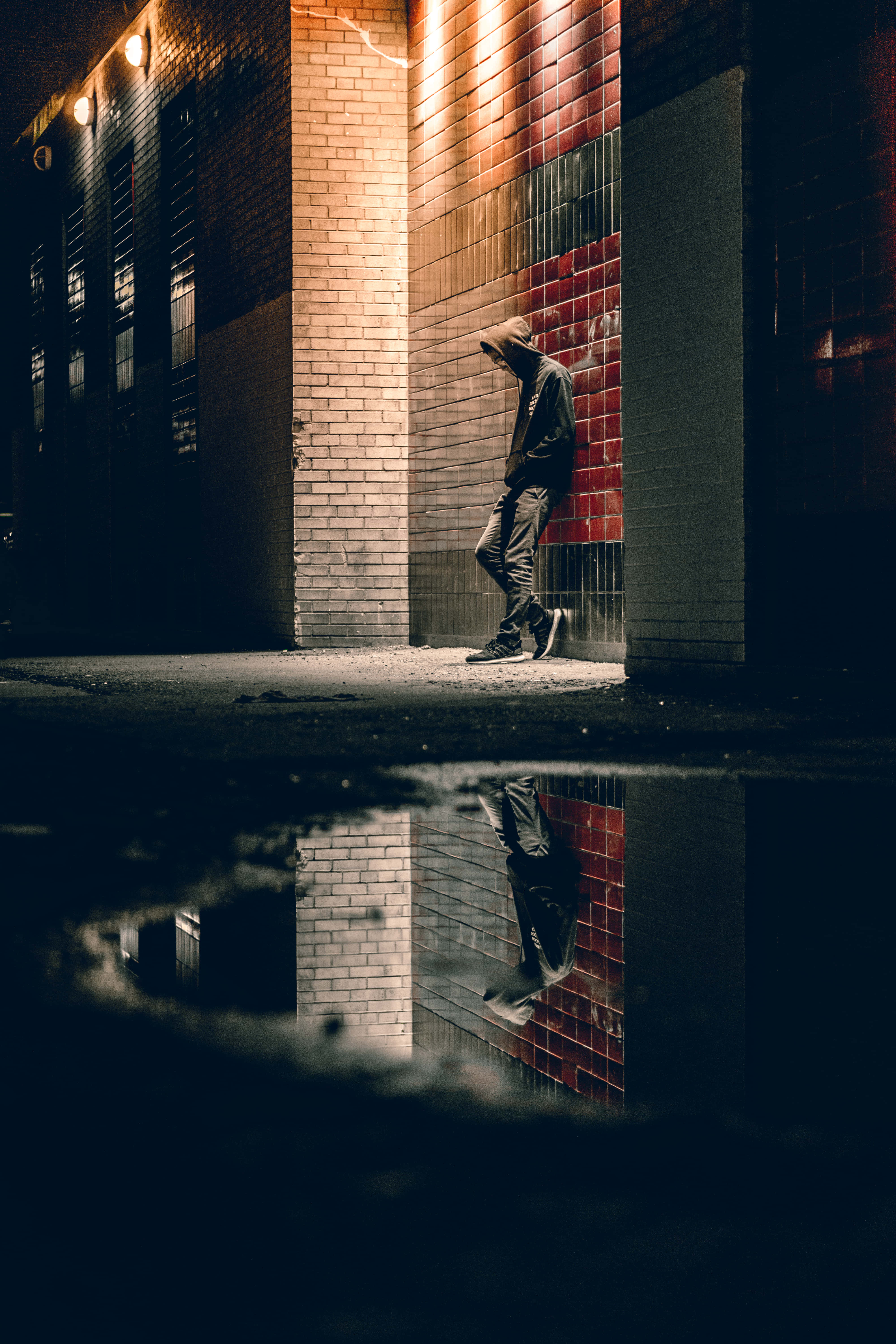 Somber Night, hooded figure, brick wall, 5K Phone Wallpaper