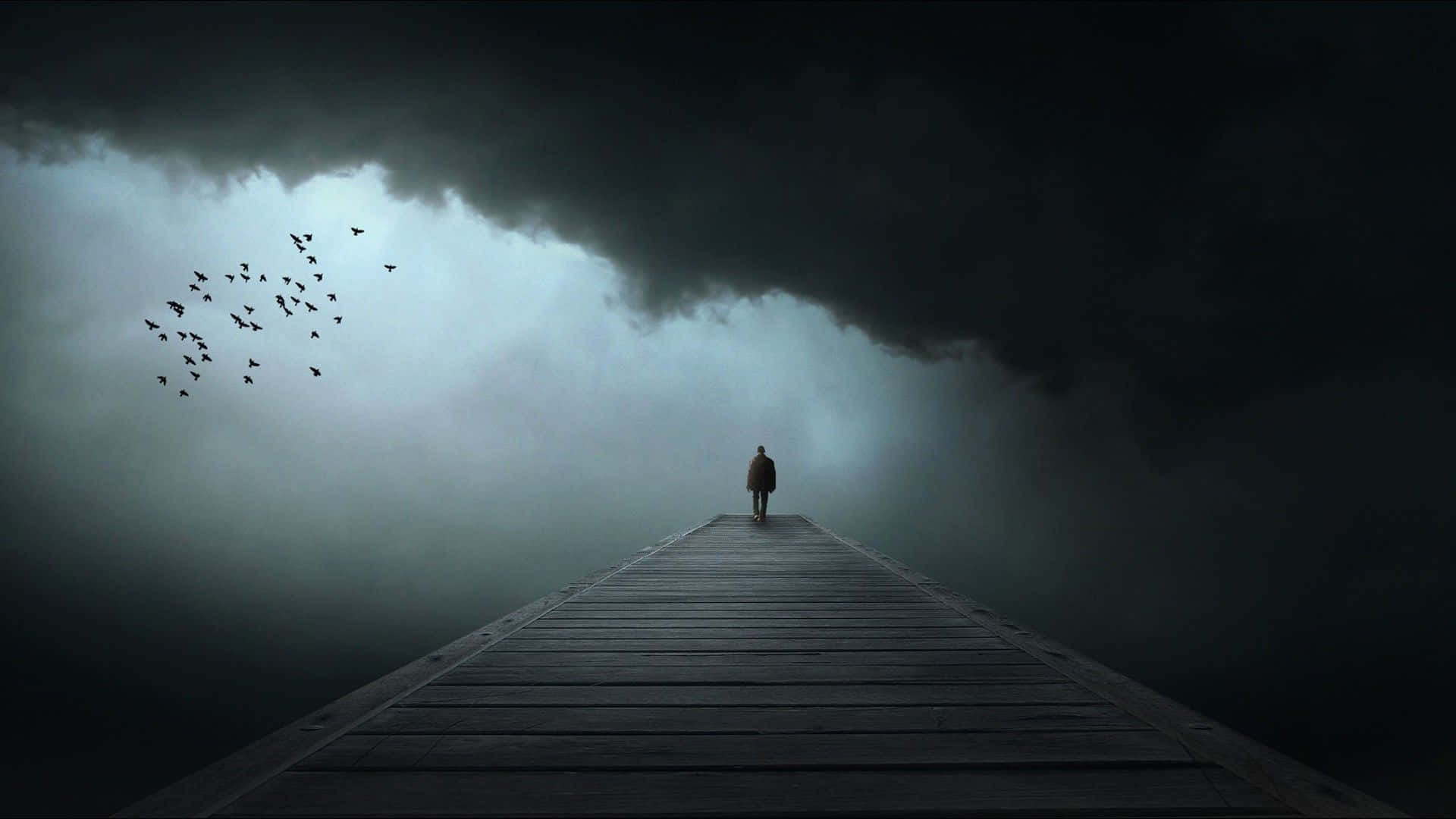 Somber Night Of A Man, wooden pier, misty gloom, Full HD Desktop Wallpaper