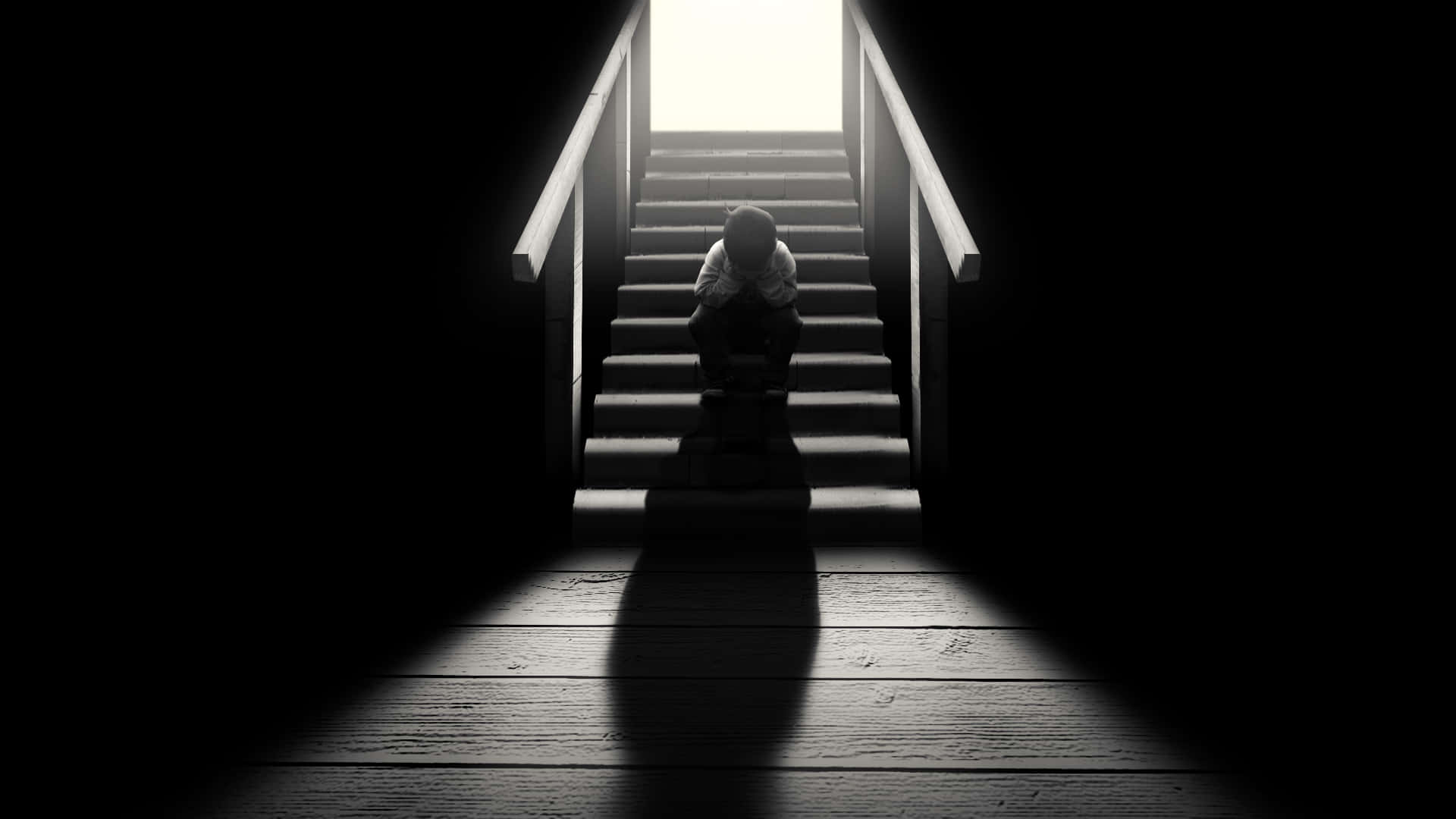 lonely somber night, child, dark staircase, Full HD Desktop Wallpaper