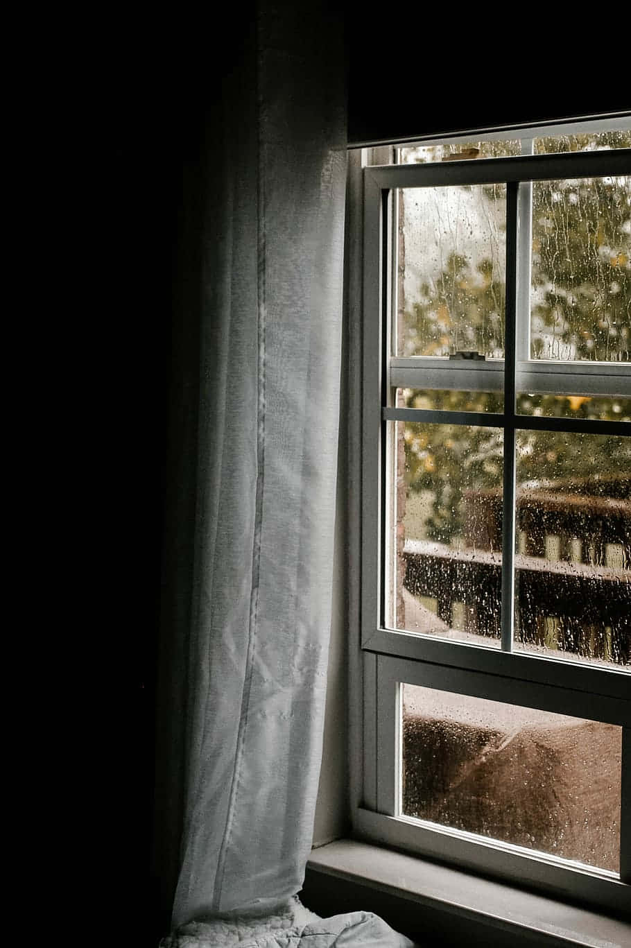 Somber Room, rain-speckled window, sheer curtain, HD Phone Wallpaper