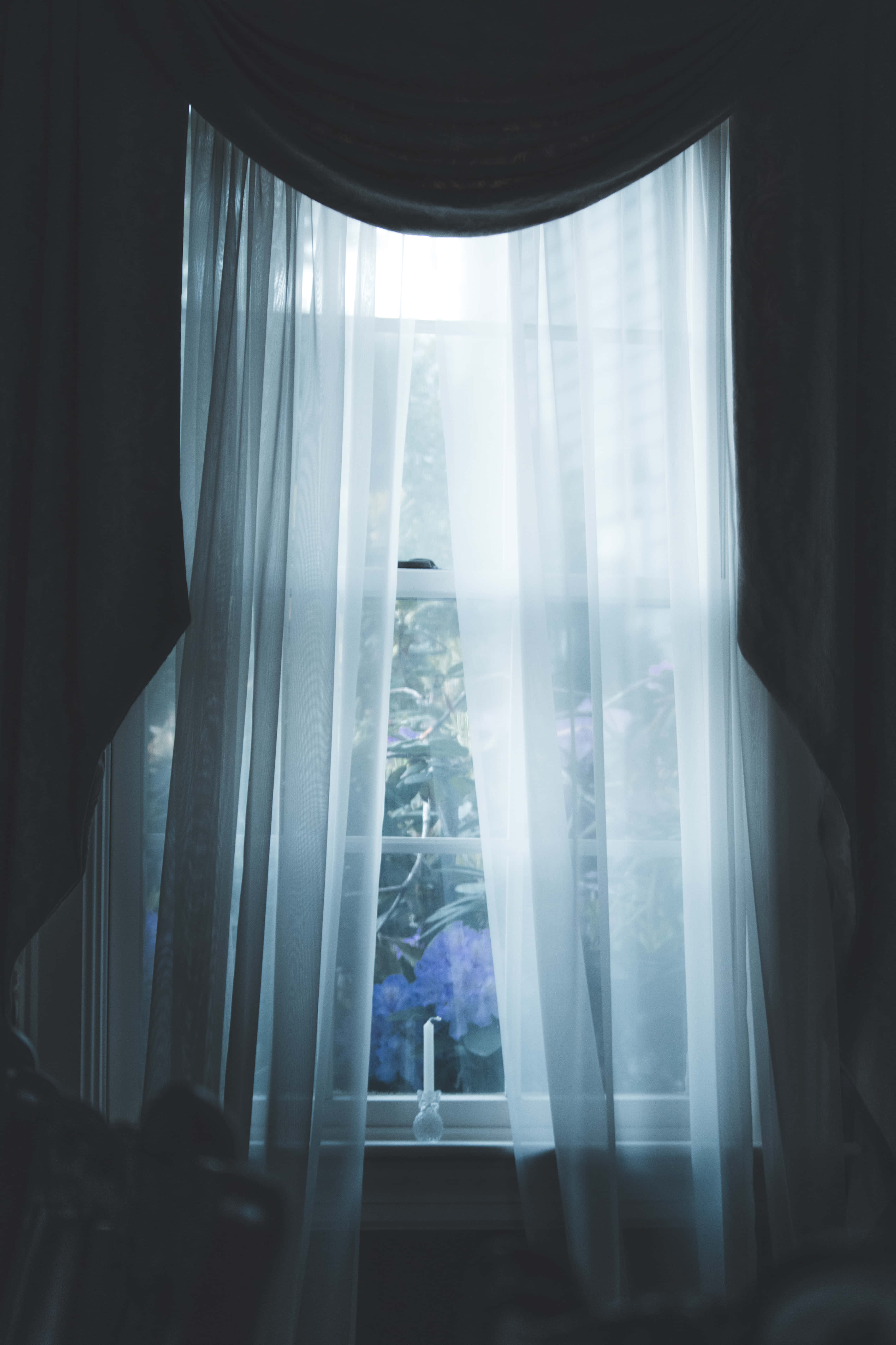 Somber Room, sheer curtains, candle, 5K Phone Wallpaper