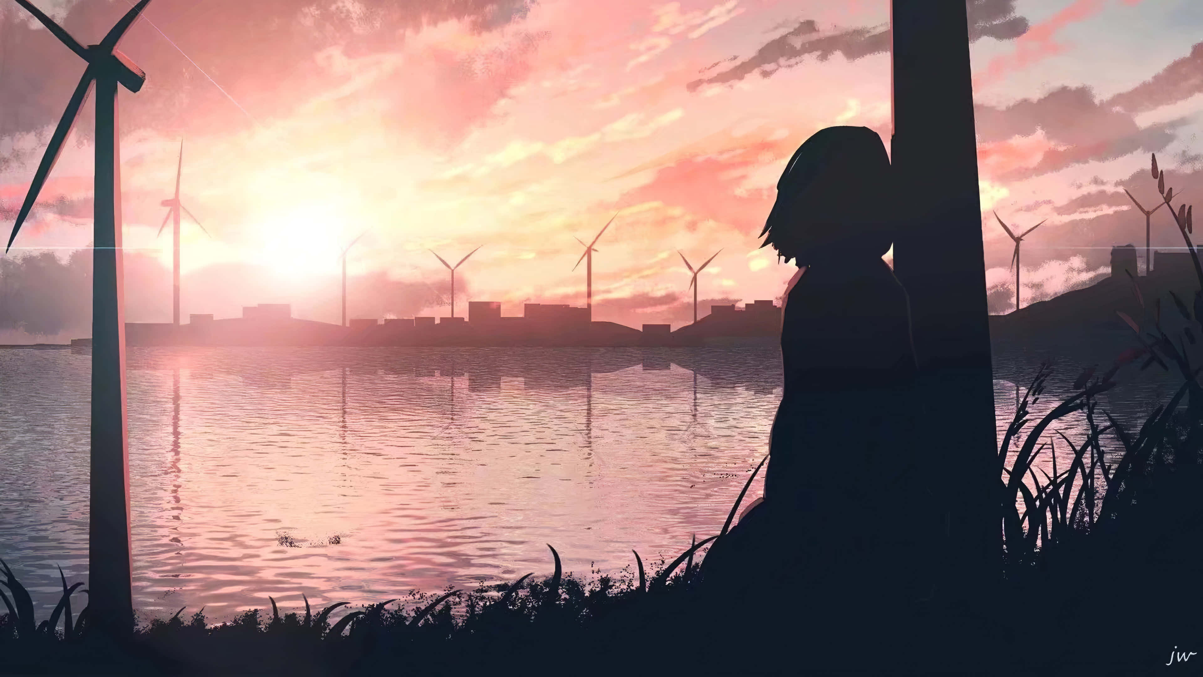 anime girl, glowing sunset, lake, 4K Desktop Wallpaper