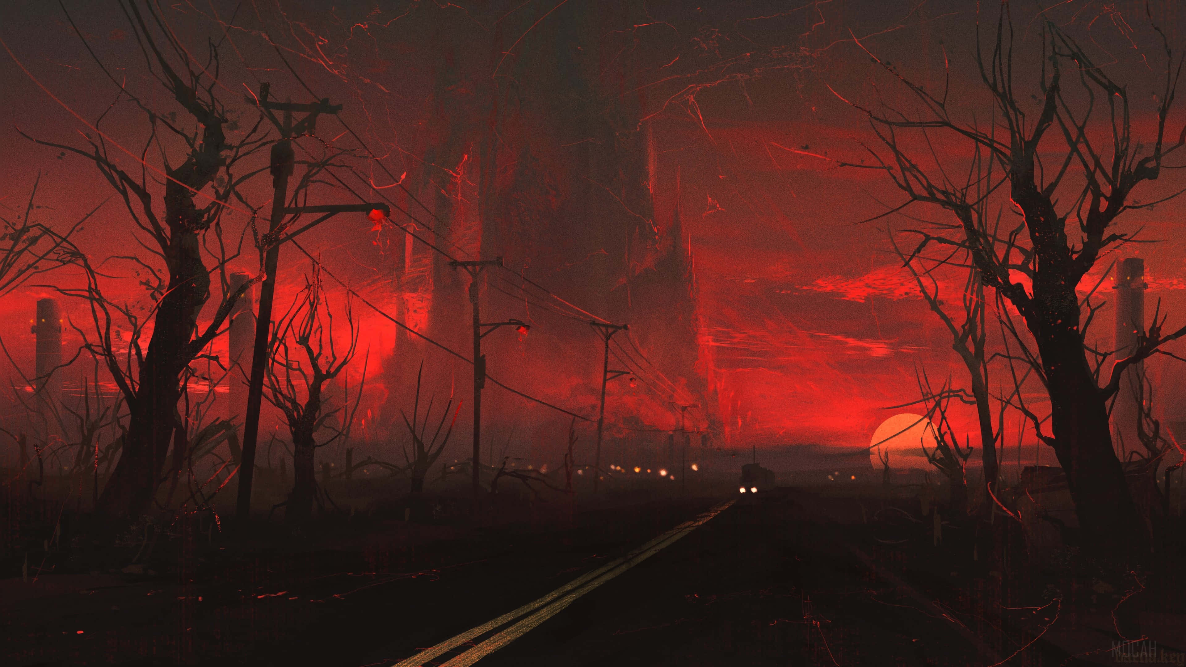 reddish sky, blood-orange sky, lone car, 4K Desktop Wallpaper
