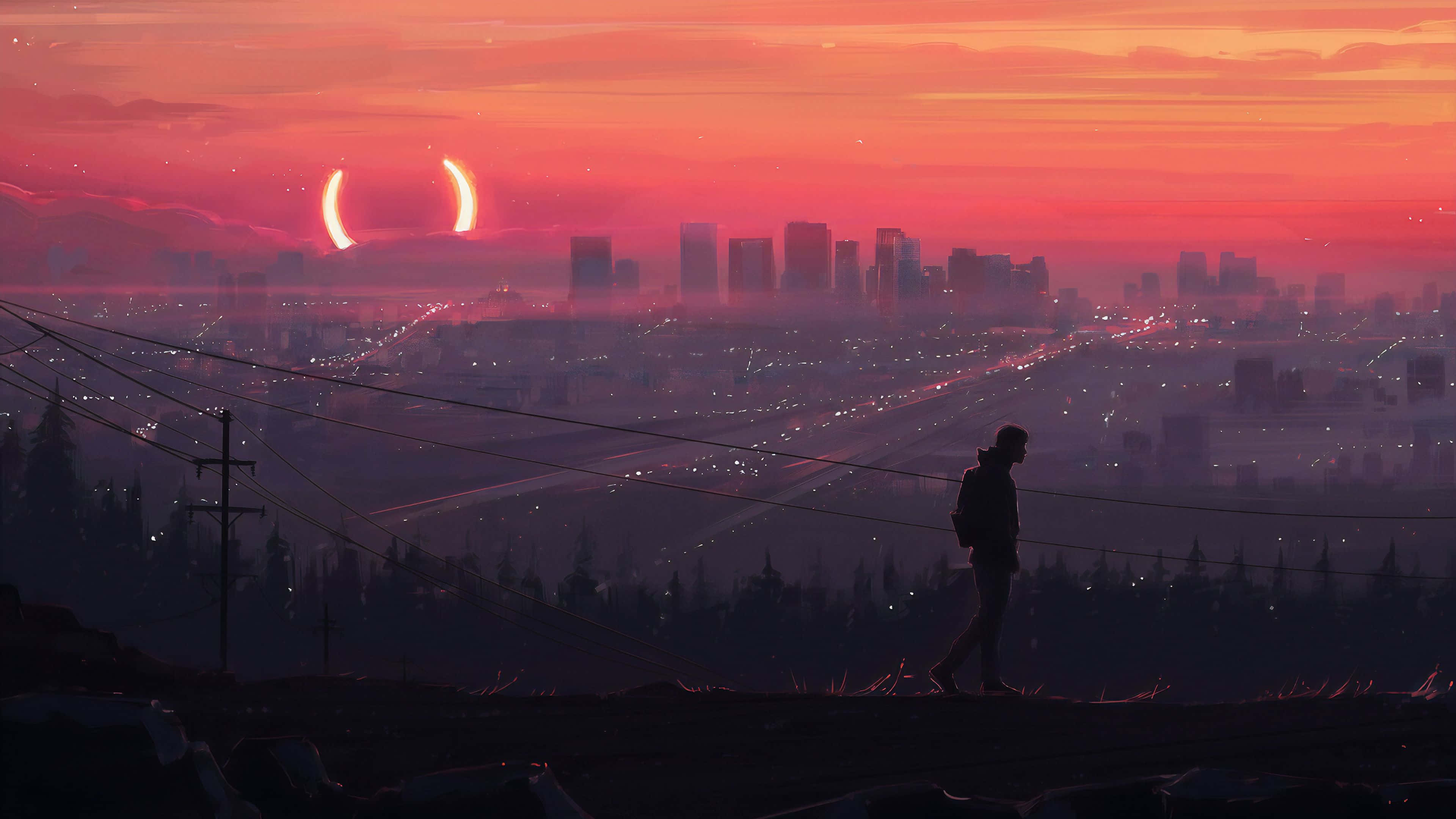 Somber Night Away From The City, crescent moon, city, 4K Desktop Wallpaper