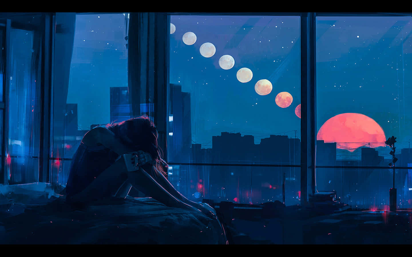 glowing red sun, trail of moons, neon-lit skyscrapers, HD Desktop Wallpaper