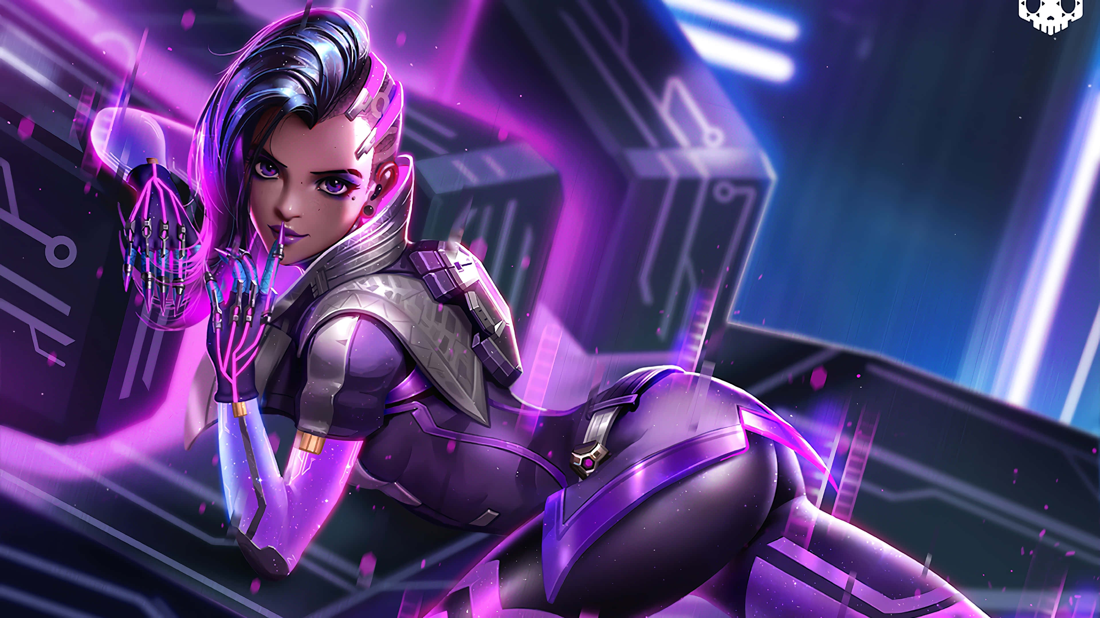 Sombra Overwatch, cyberpunk female warrior, purple armor, 4K Desktop Wallpaper