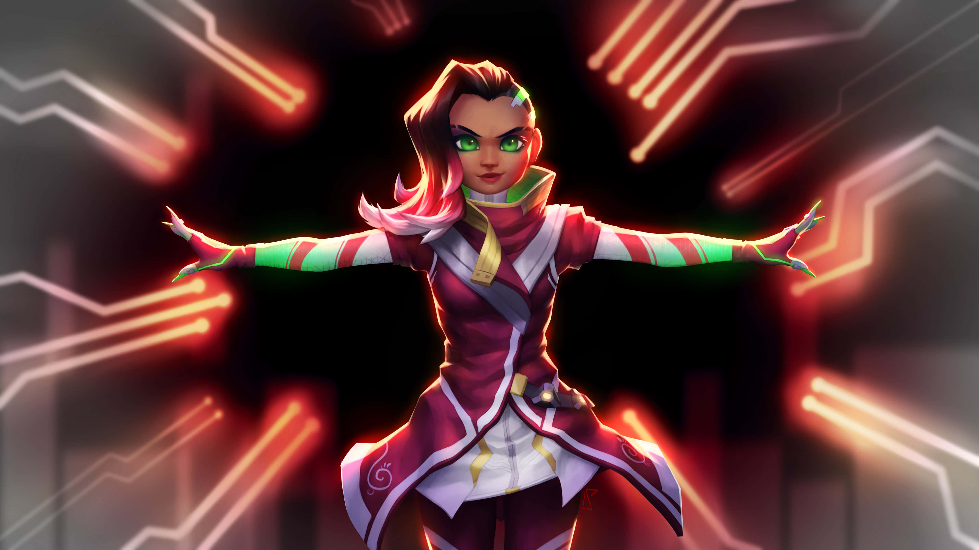 Sombra Overwatch, red outfit, green hat, 4K Desktop Wallpaper