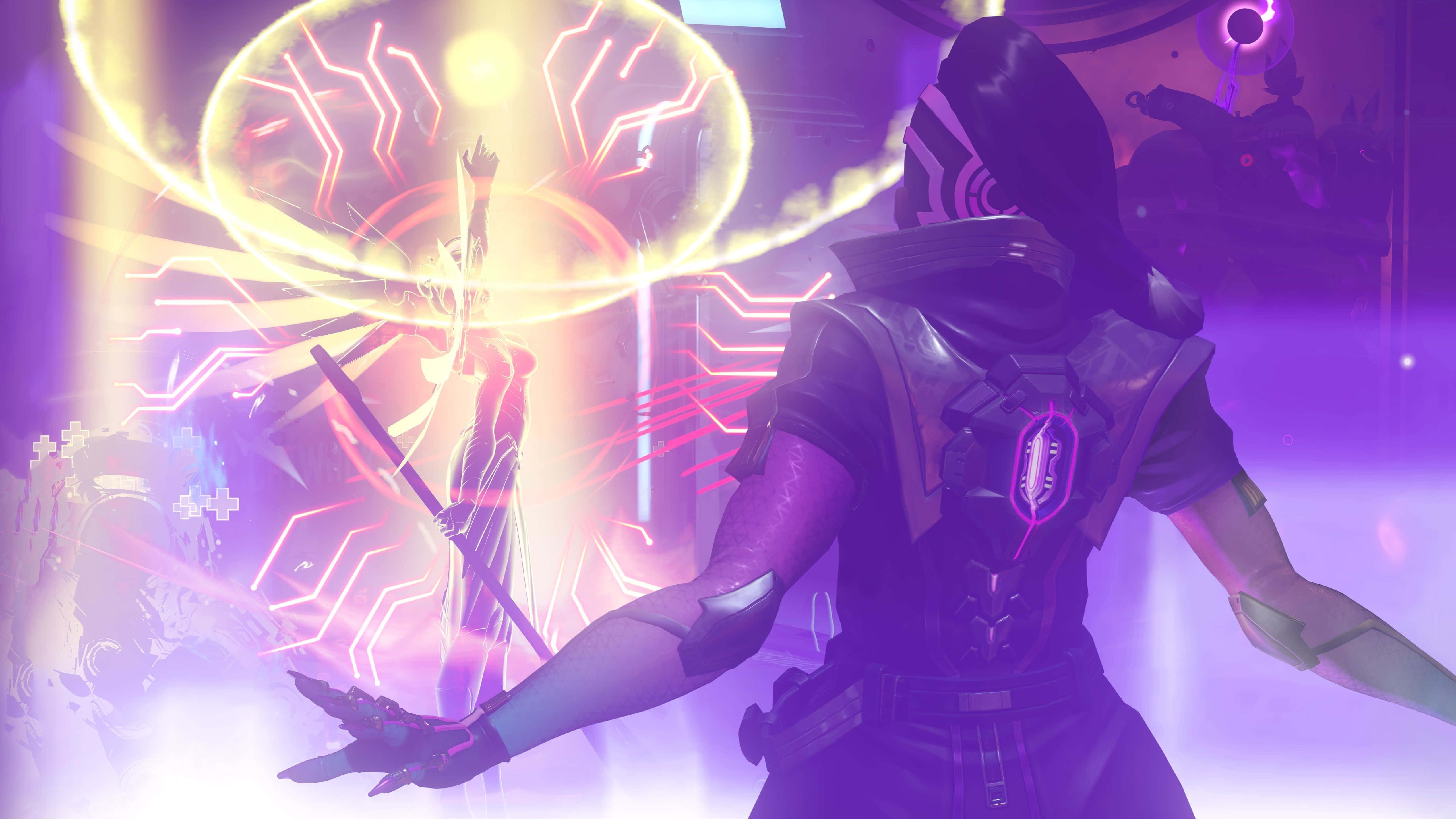 Sombra, Overwatch, neon-lit sci-fi chamber, 5K Desktop Wallpaper