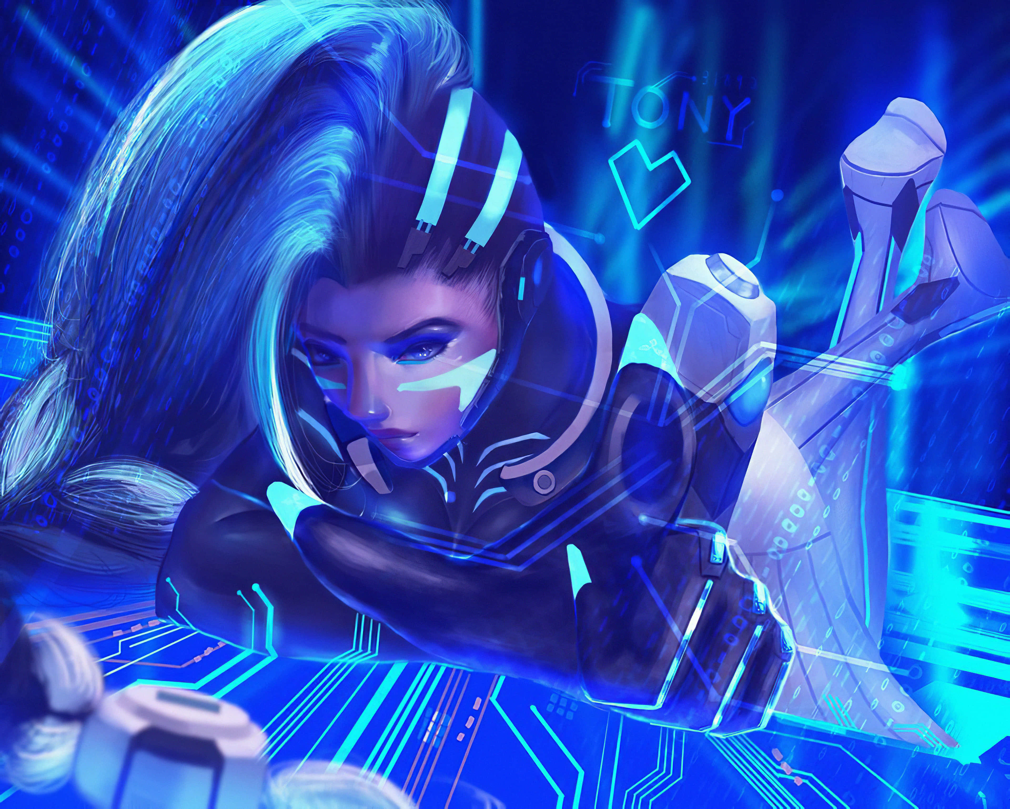 Sombra, Overwatch, glowing blue hair, 4K Desktop Wallpaper