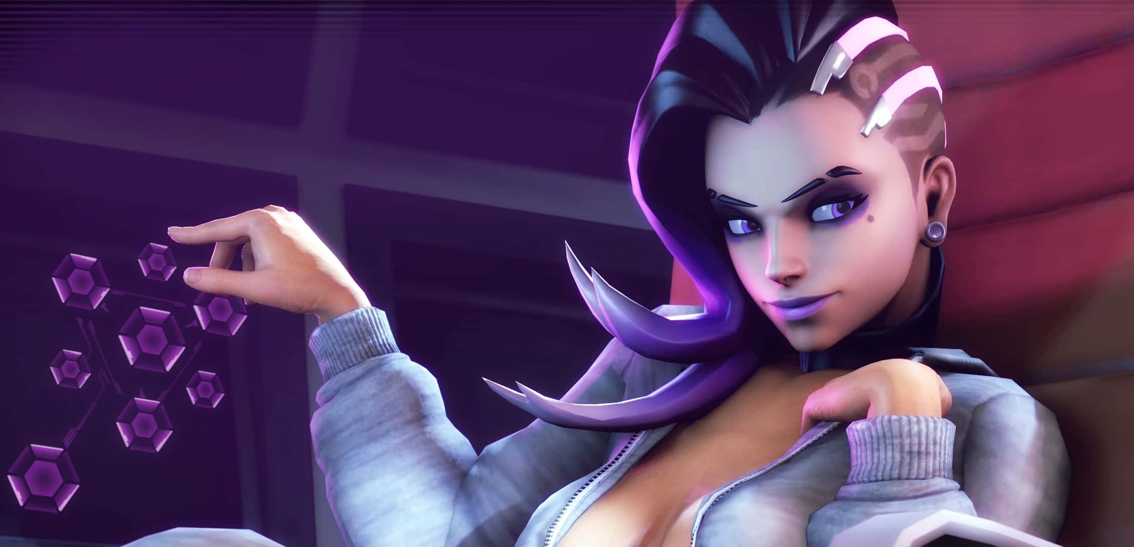 Sombra, Overwatch, purple hair, Full HD Desktop Wallpaper