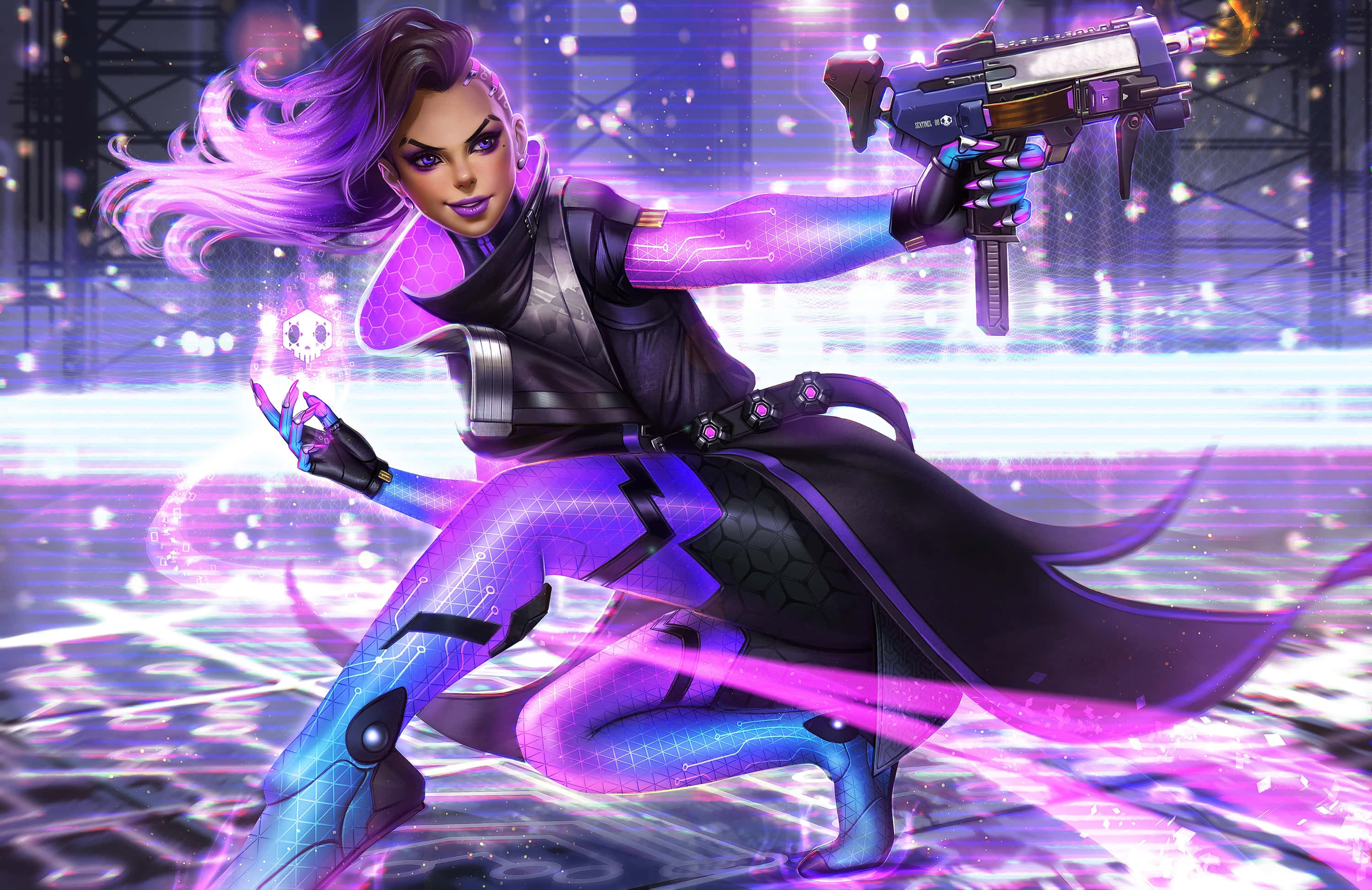 Sombra Overwatch, purple hair, glowing cybernetic limbs, 2K Desktop Wallpaper