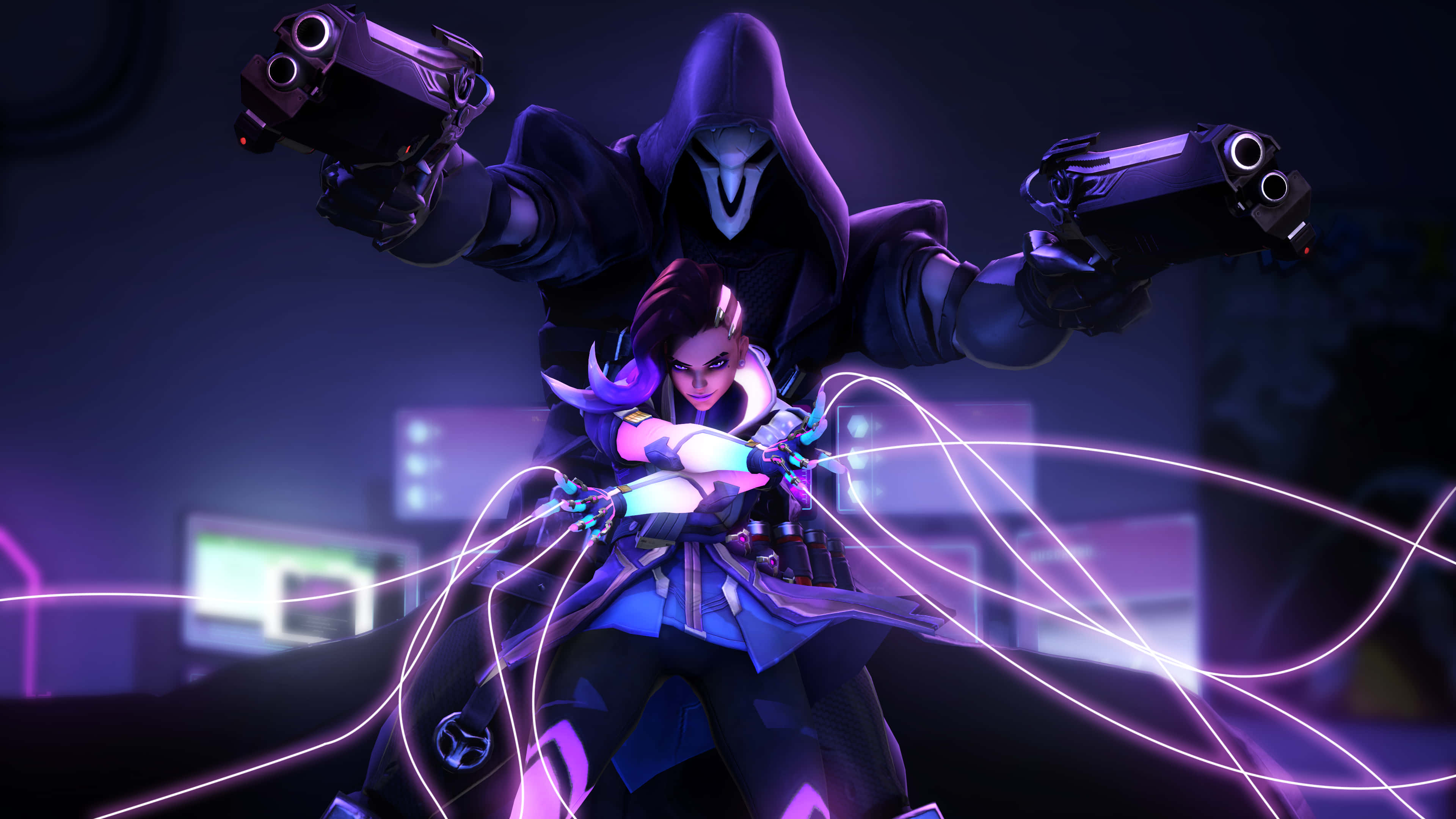 Sombra, Overwatch, glowing purple guns, 4K Desktop Wallpaper