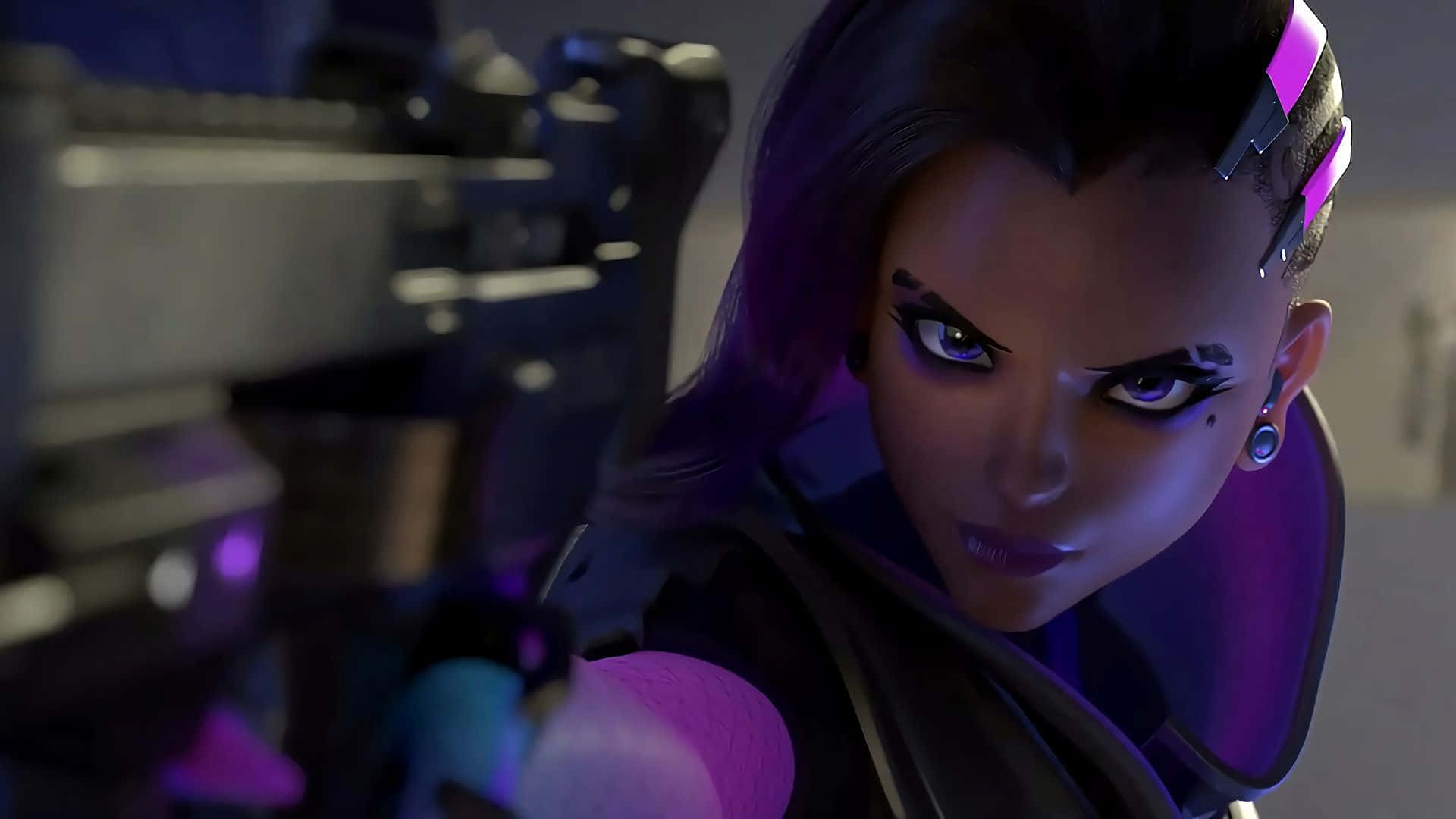 Sombra, Overwatch, purple hair, Full HD Desktop Wallpaper