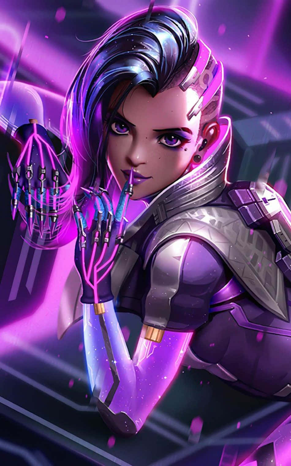 Sombra, Overwatch, glowing purple hair, HD Phone Wallpaper