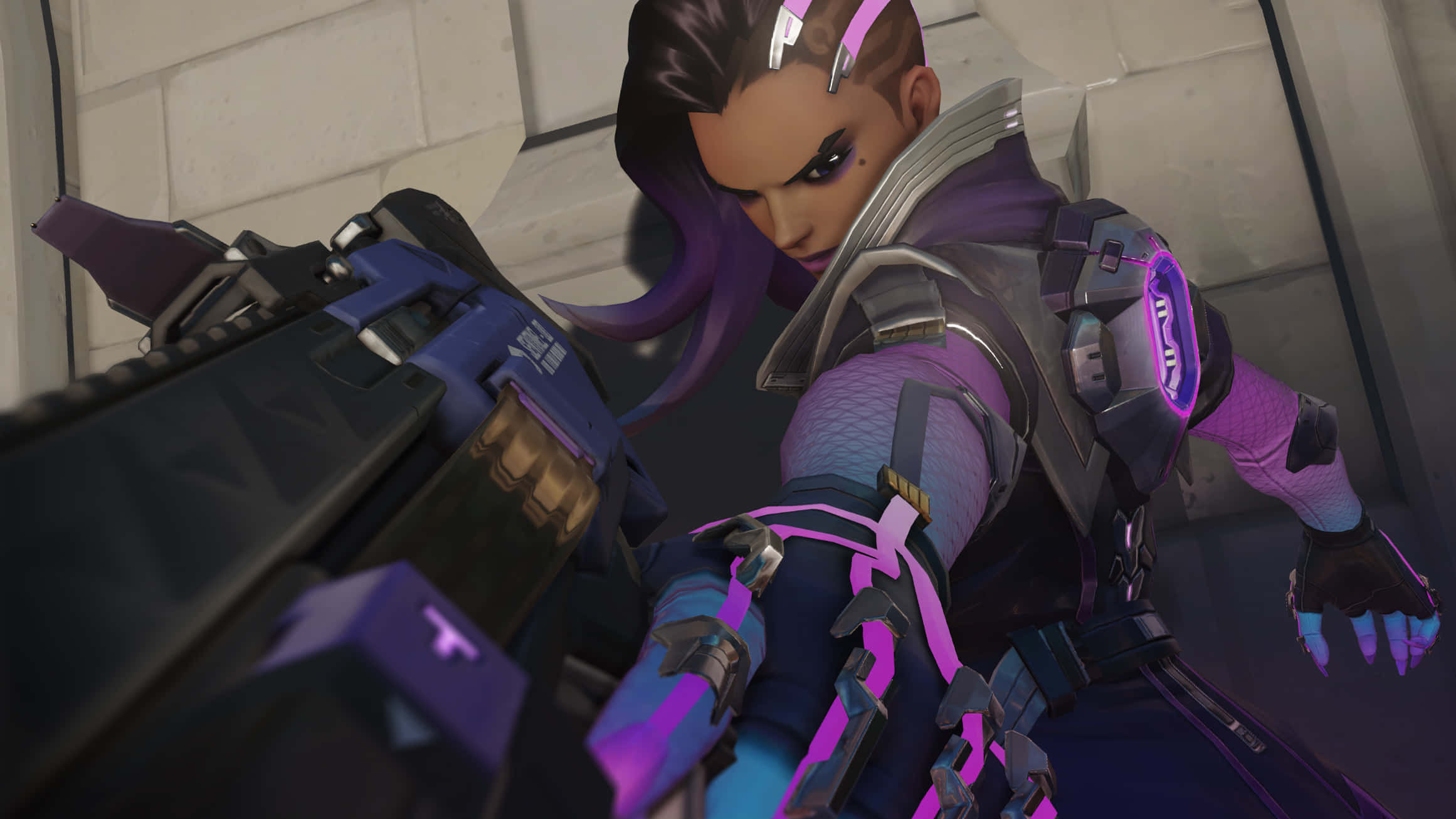 Sombra Overwatch, cyberpunk-style, purple hair, Full HD Desktop Wallpaper