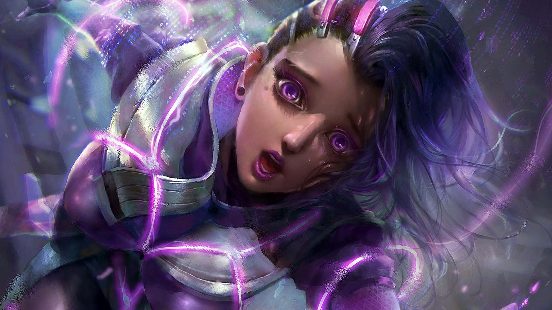 Sombra, Overwatch, glowing purple eyes, Full HD Desktop Wallpaper