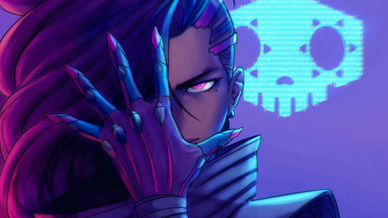 Sombra, Overwatch, glowing pink eyes, SD Desktop Wallpaper