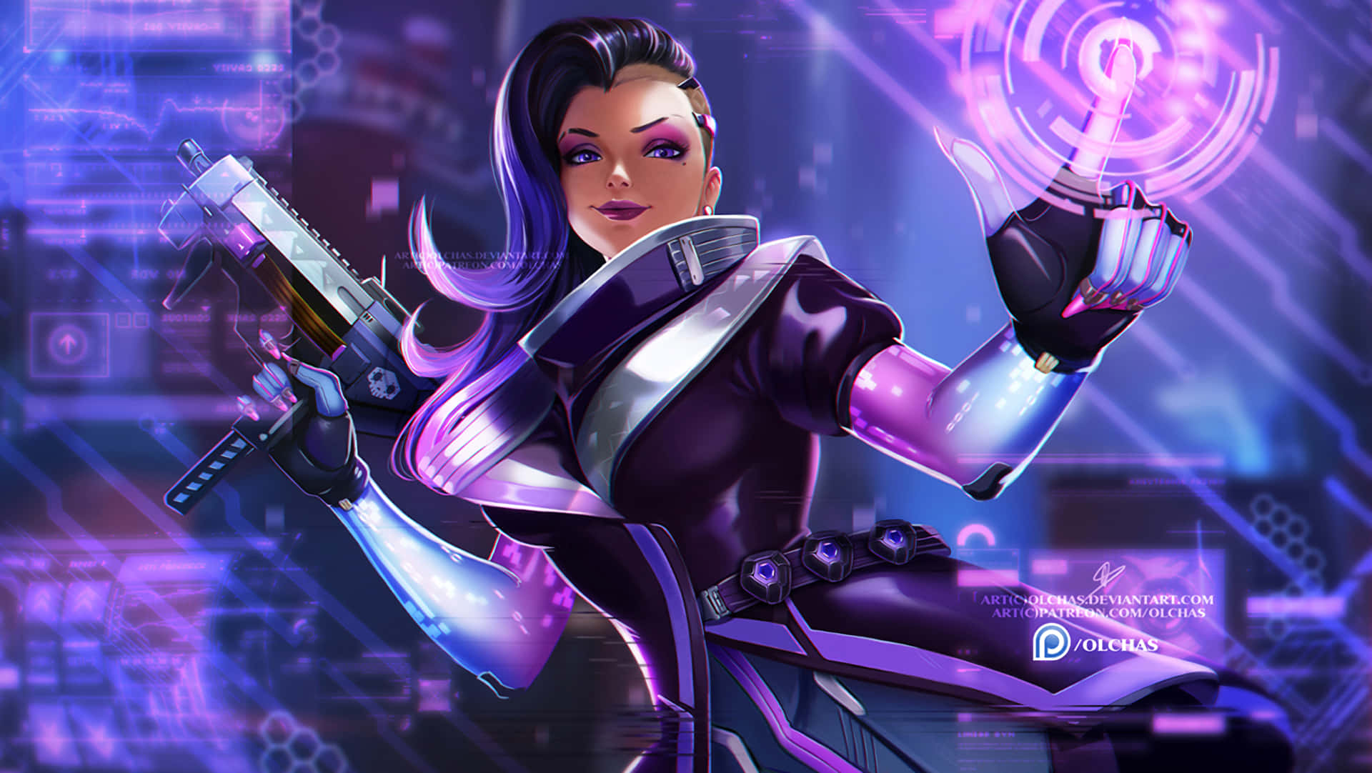 Sombra, Overwatch, purple hair, Full HD Desktop Wallpaper