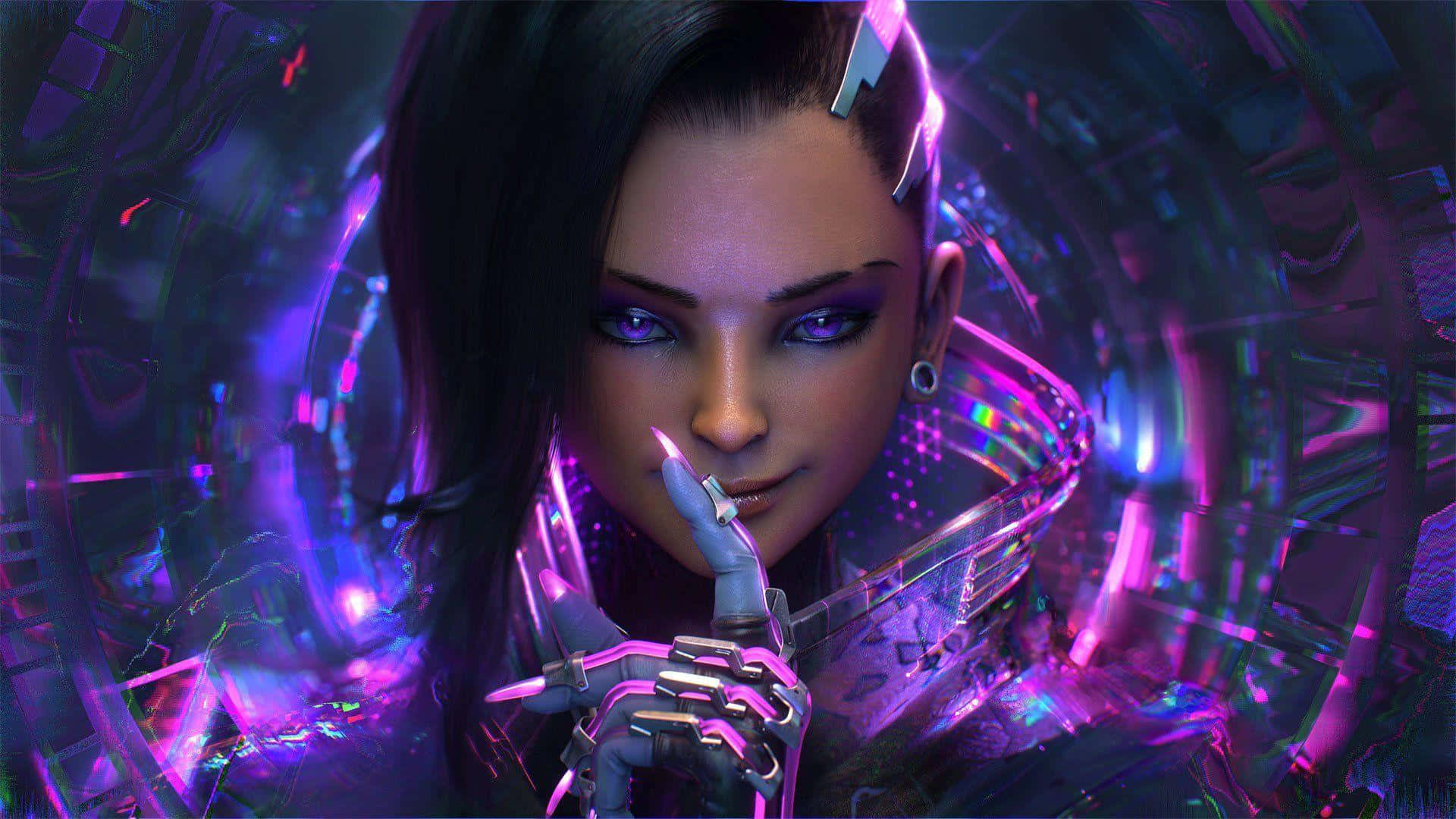 Sombra, Overwatch, glowing purple eyes, Full HD Desktop Wallpaper
