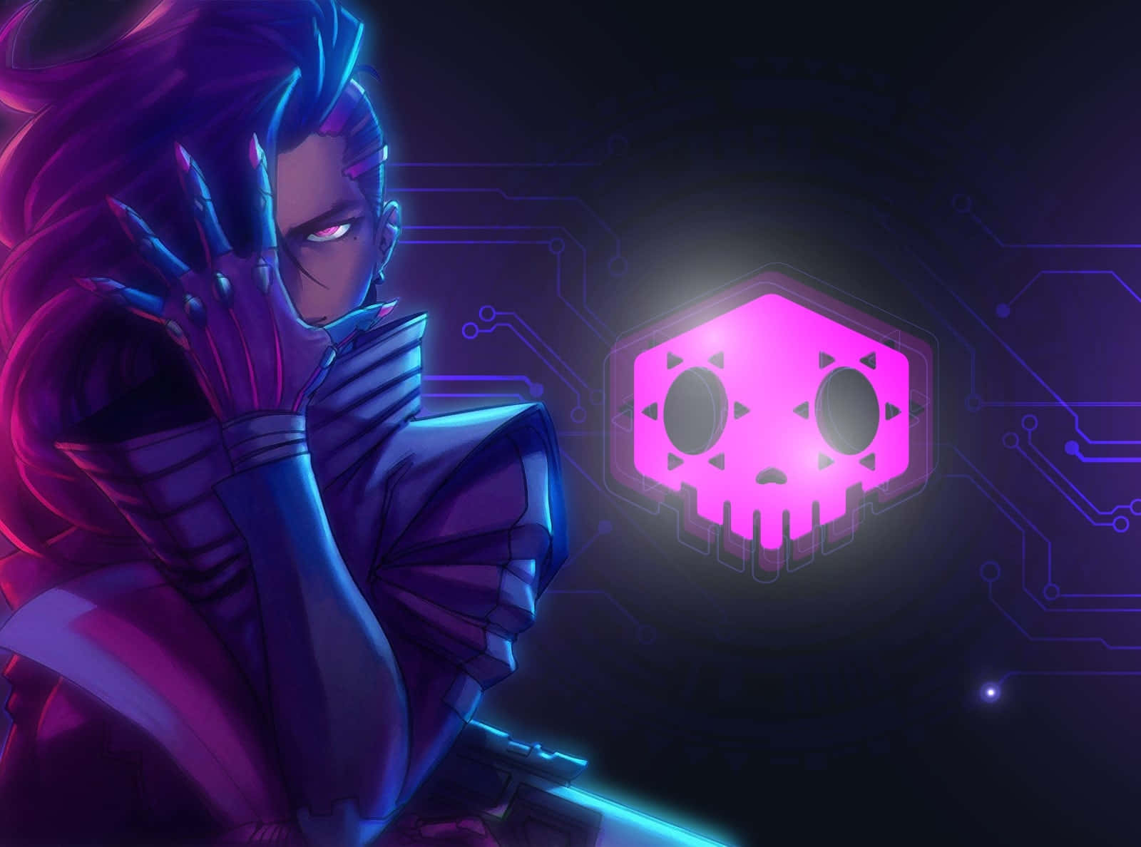 Sombra, Overwatch, glowing purple hair, HD Desktop Wallpaper