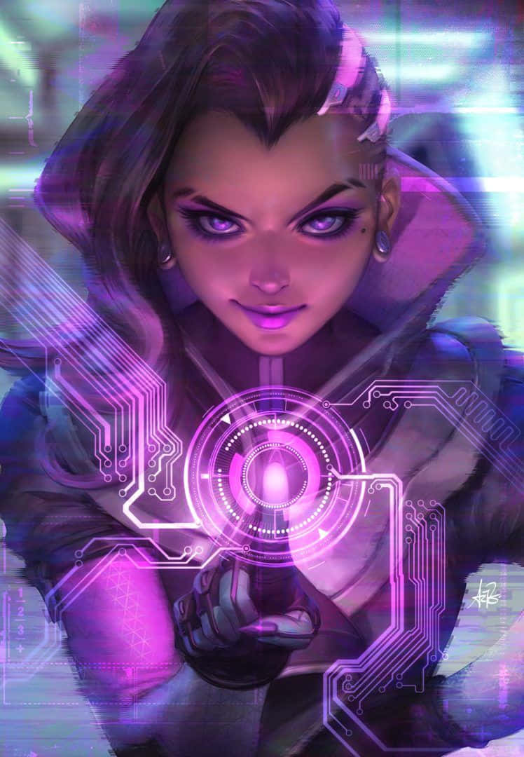 Sombra, Overwatch, glowing purple eyes, SD Phone Wallpaper