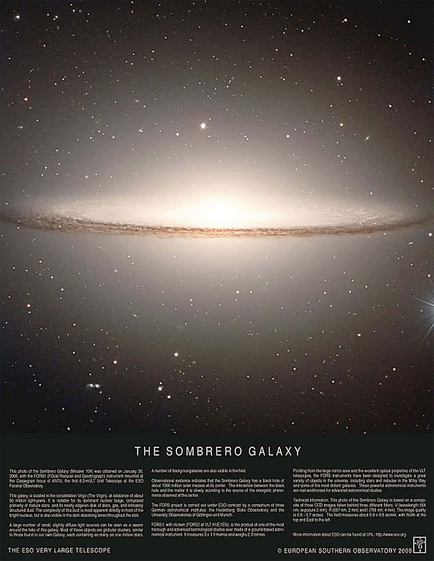 Sombrero Galaxy, bright central core, dark dust lane, SD Phone Wallpaper