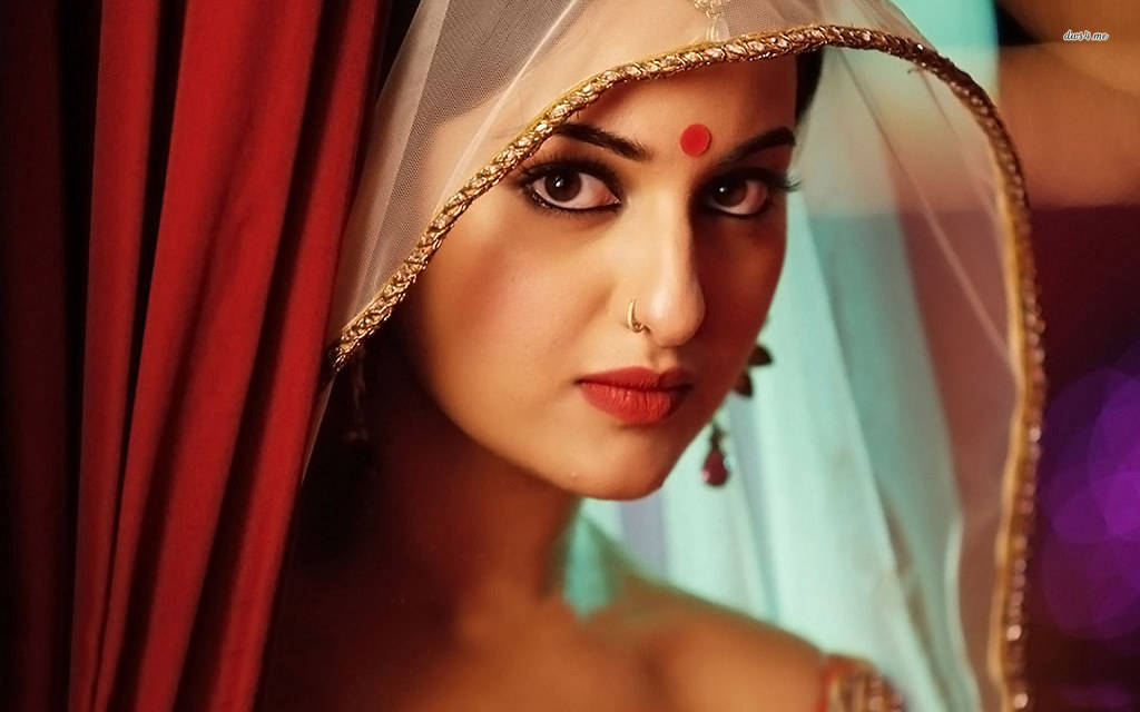 Sonakshi Sinha, traditional Indian bridal attire, red curtains, SD Desktop Wallpaper