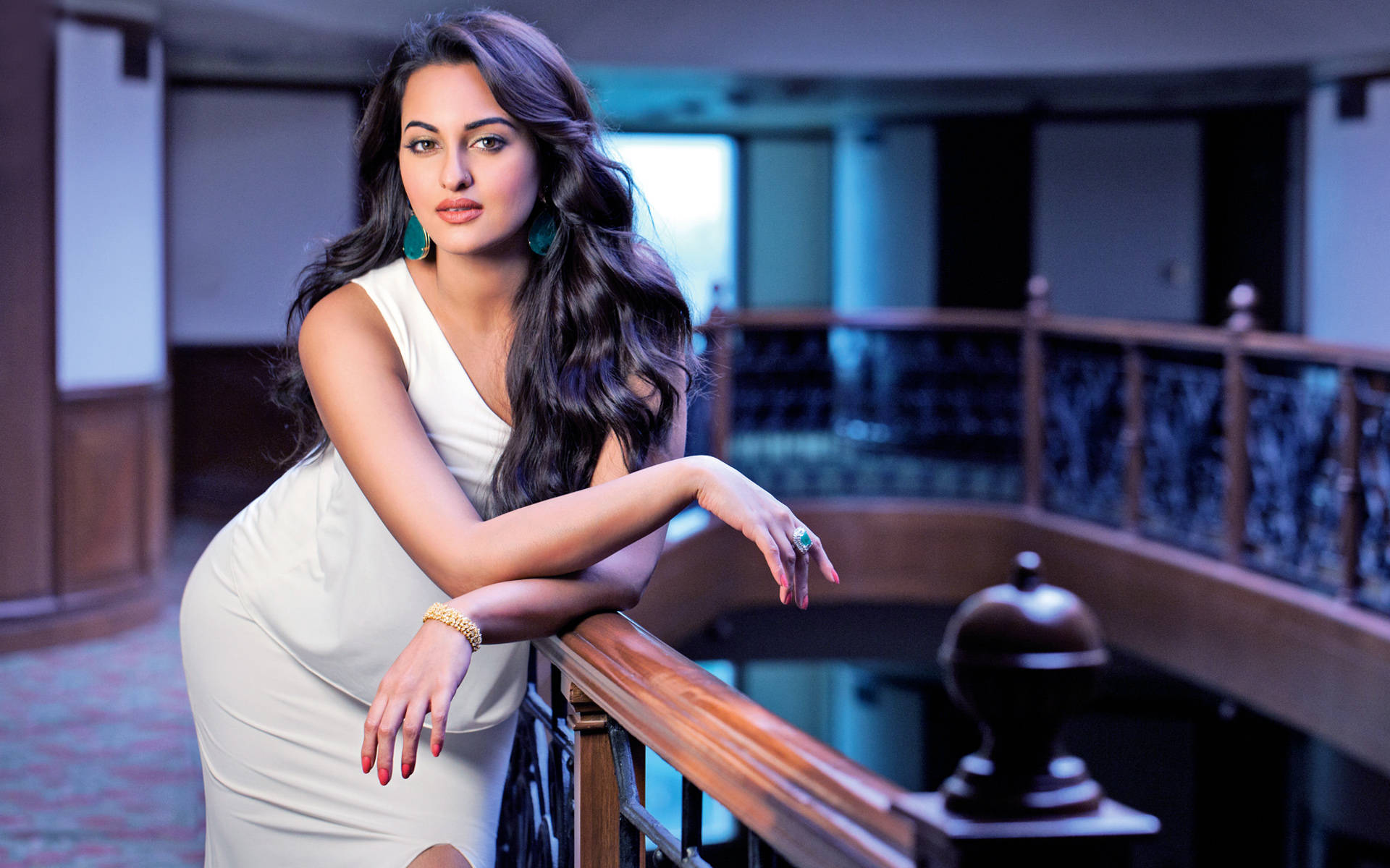 Sonakshi Sinha, white dress, wooden railing, Full HD Desktop Wallpaper