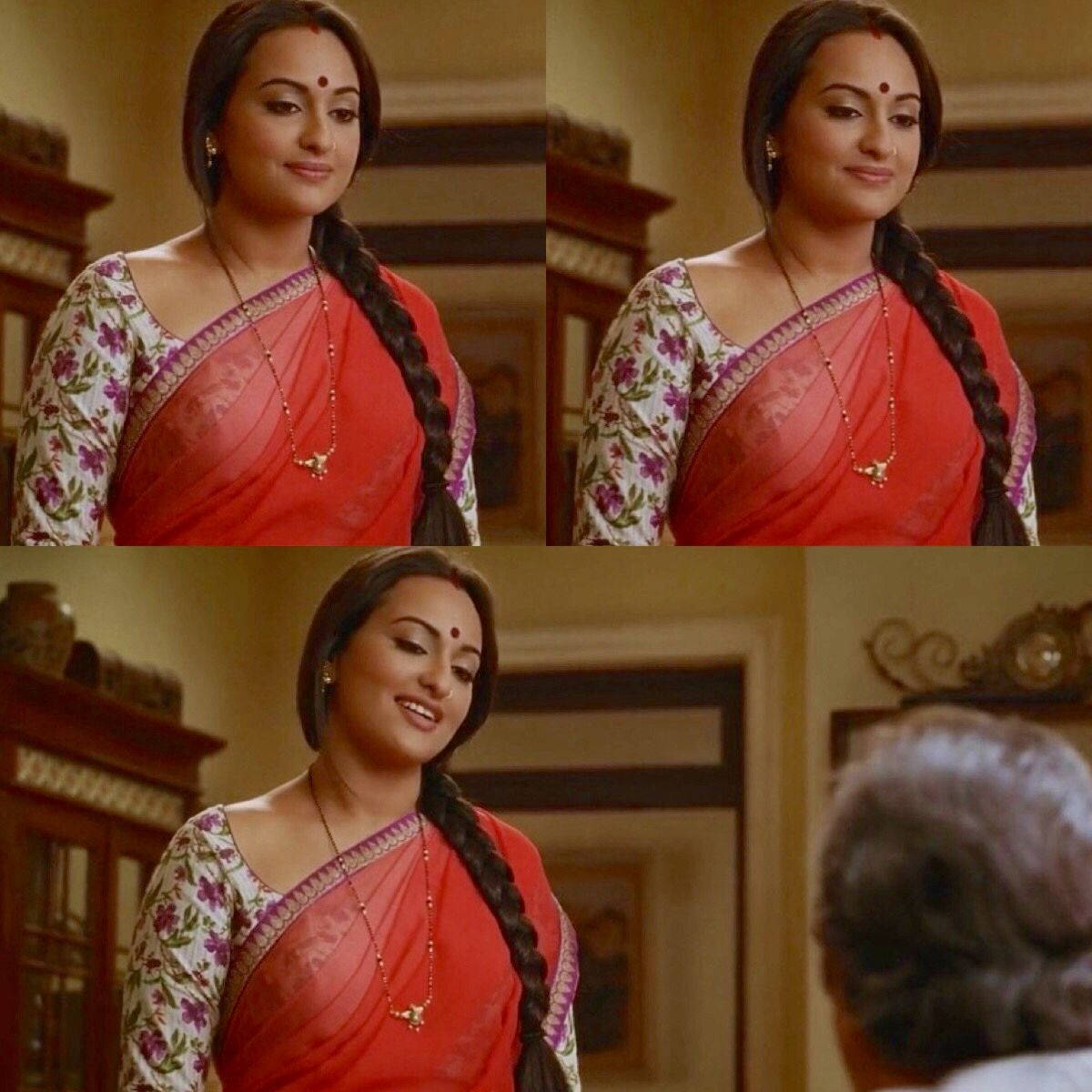 Sonakshi Sinha, red and floral sari, indoors, SD Desktop Wallpaper