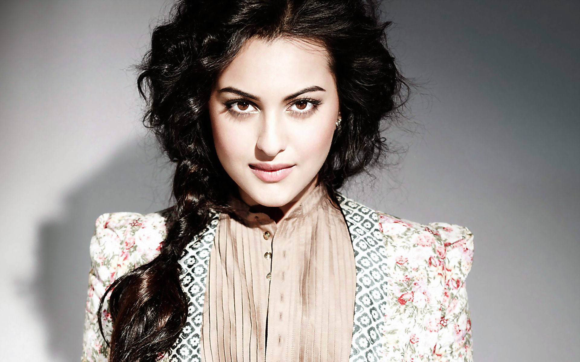 Sonakshi Sinha, dark curly hair, floral jacket, Full HD Desktop Wallpaper