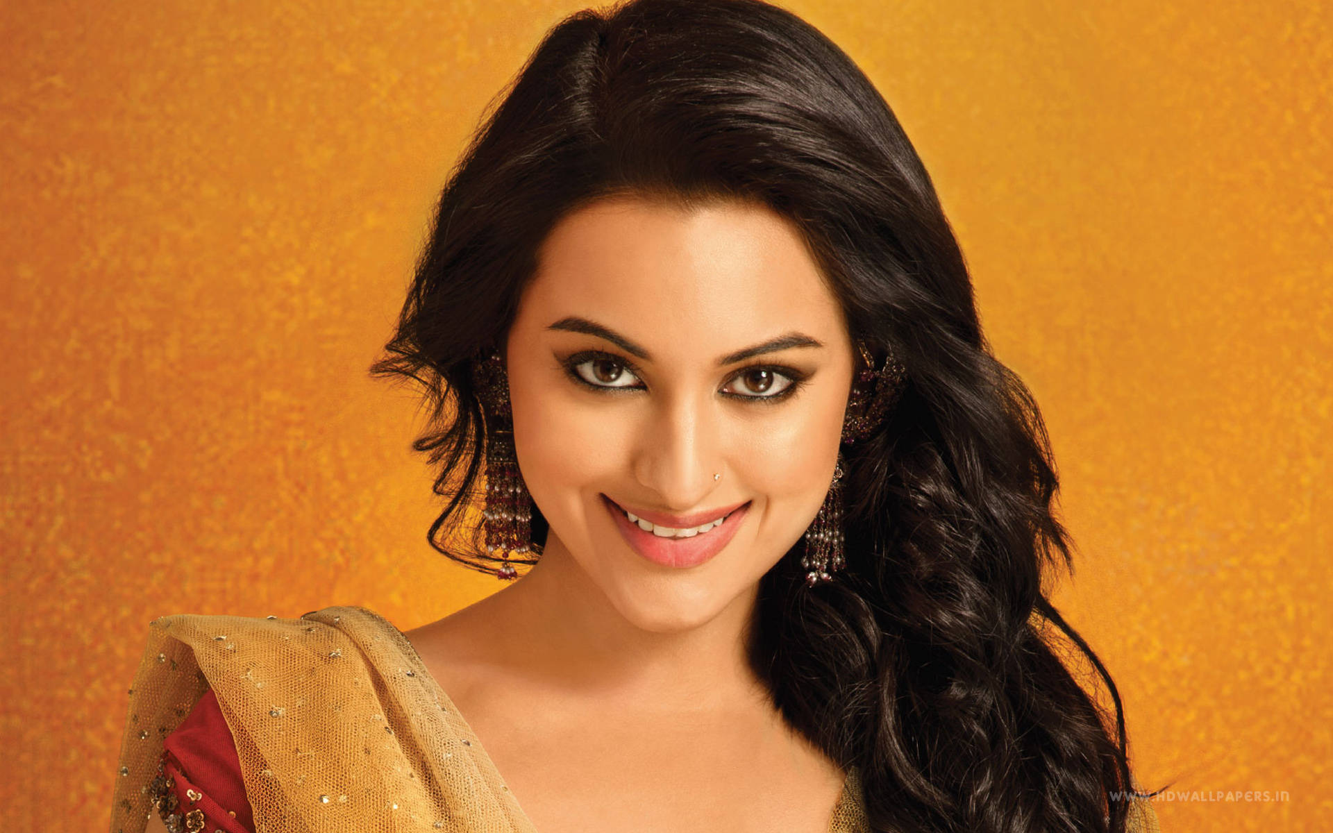 Sonakshi Sinha, dark wavy hair, traditional jewelry, Full HD Desktop Wallpaper