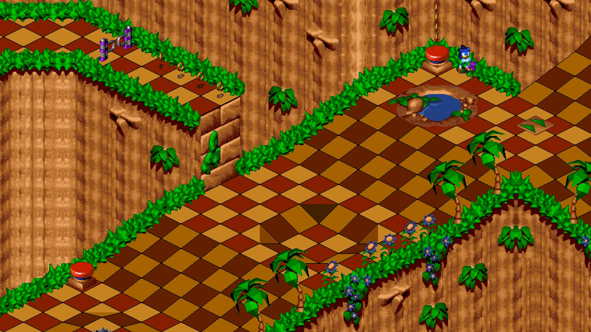 Sonic 3D Blast, isometric pixel art, checkered brown and red floors, Full HD Desktop Wallpaper
