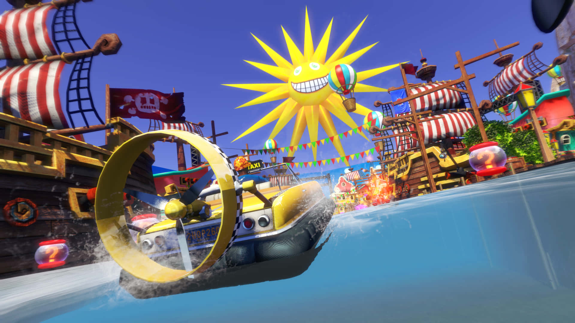 Sonic and All-Stars Racing Transformed, yellow hovercraft, pirate-themed water, Full HD Desktop Wallpaper