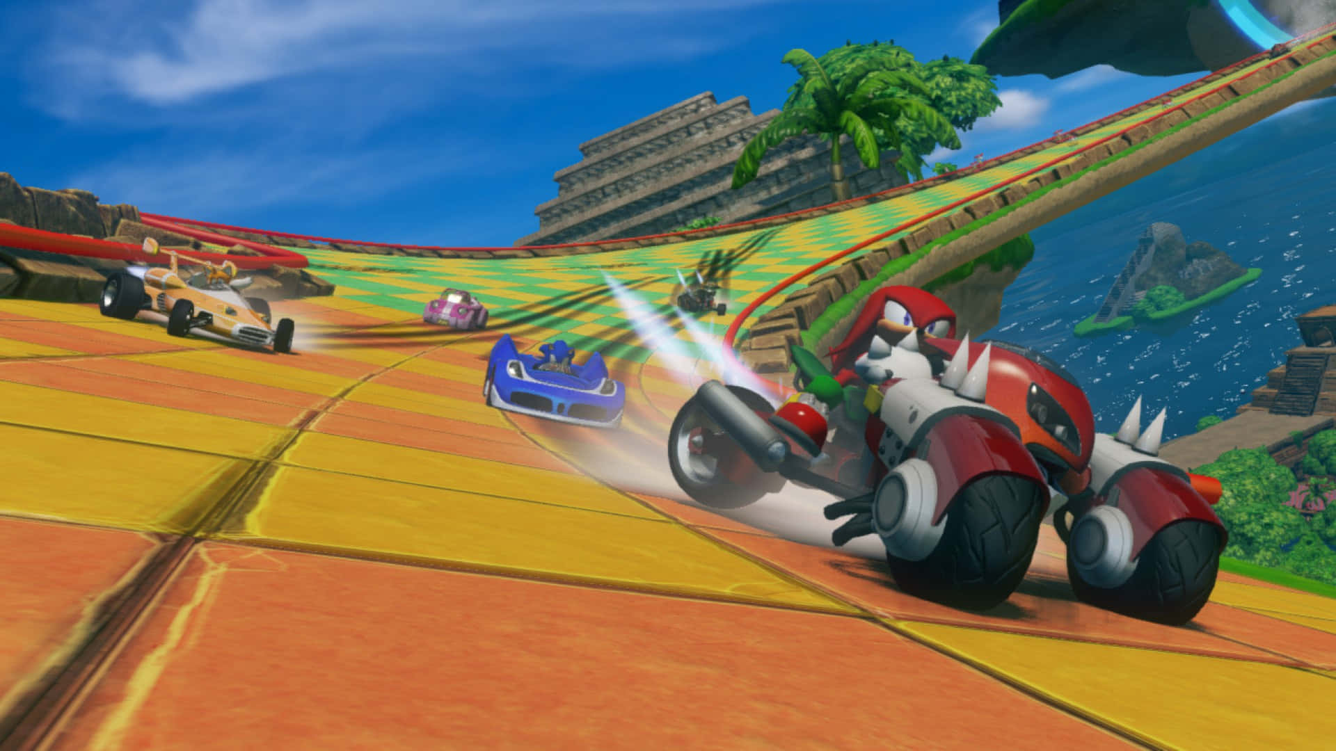 Sonic and All-Stars Racing Transformed, red spiked kart, colorful winding track, Full HD Desktop Wallpaper