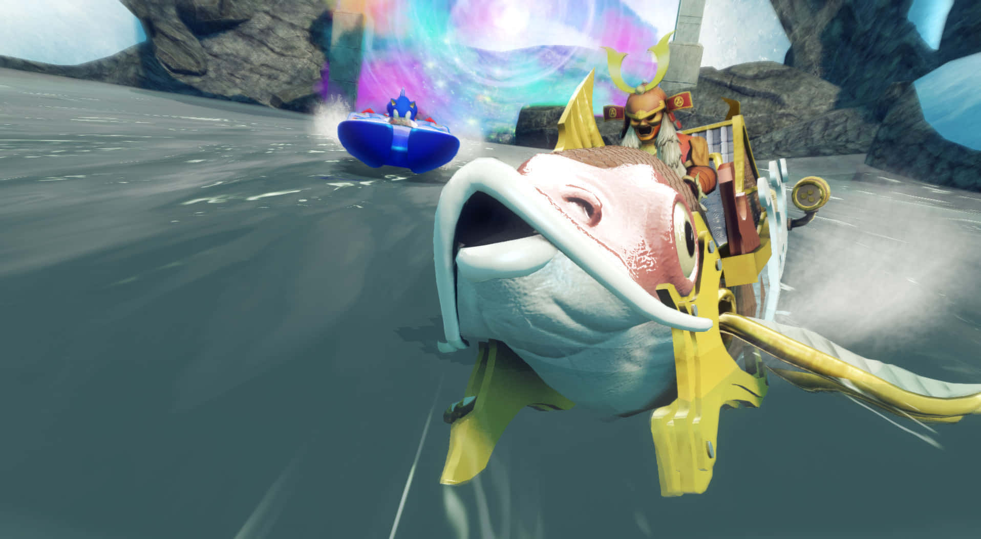 Sonic and All-Stars Racing Transformed, giant fish-shaped vehicle, icy waters, HD Desktop Wallpaper