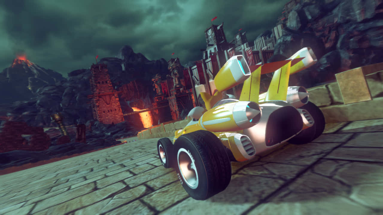 Sonic and All-stars Racing Transformed, yellow futuristic race car, rocket boosters, HD Desktop Wallpaper